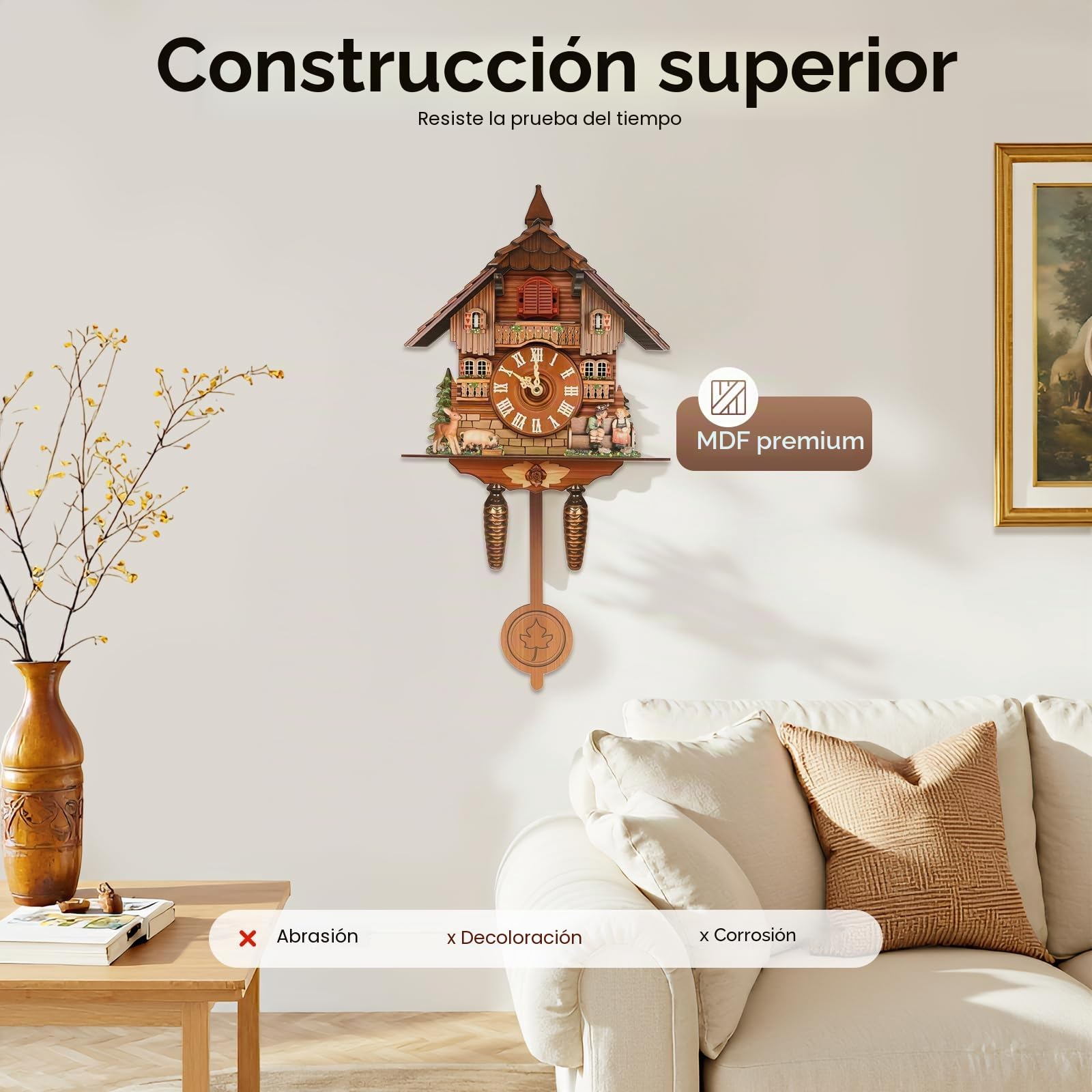 Reloj de cuco, reloj de cuco de pared, relojes de cuco de la Selva Negra tallados, reloj de cuco de madera adecuado para dormitorio, sala de estar, cocinas, comedor, 25 x 10 x 50 cm