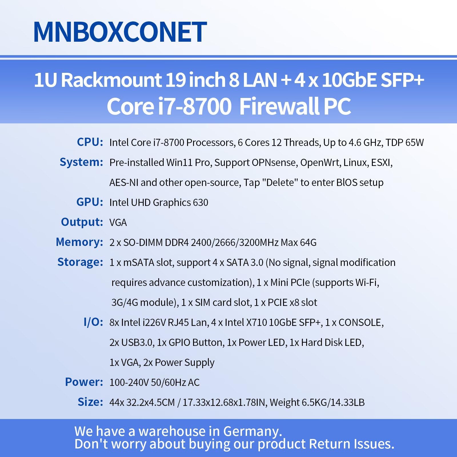 1U Firewall 19 inch Appliance C236 Redundancy Power Supply Core i7 8700, 8 x 2.5 Gigabit Ethernet OPNsense, Network Hardware Server, Barebone NO RAM SSD, USB 3.0, Console