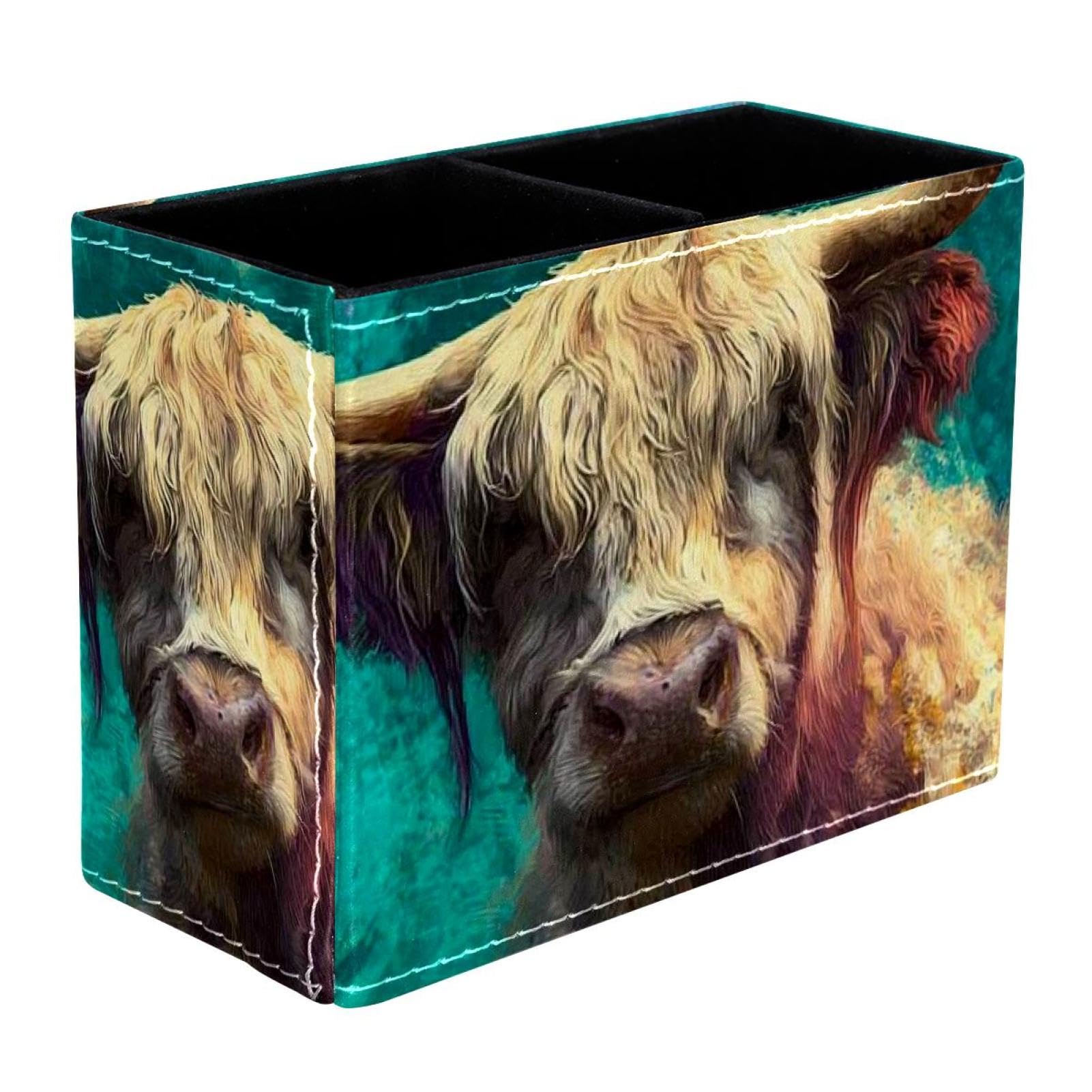 sanfly fish Watercolor Art Yak Pen Holder for Desk, Pencil Holder with 1 Compartments, Leather Pencil Cup, Desktop Organizer and Accessories for Office