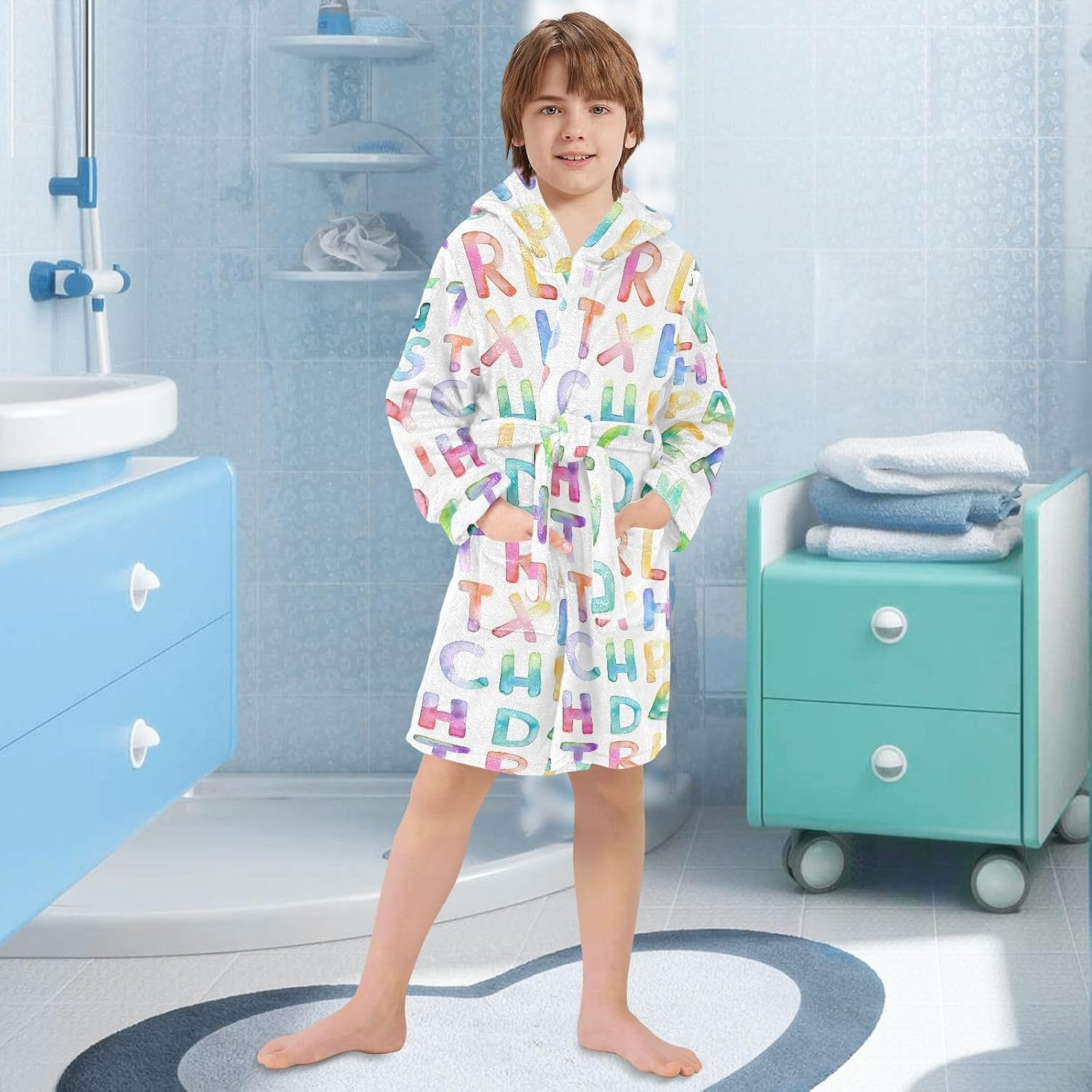 Rainbow Alphabet Toddler Hooded Bathrobe for Boys Girls Soft Plush Bath Towel Robe 2-12 Years