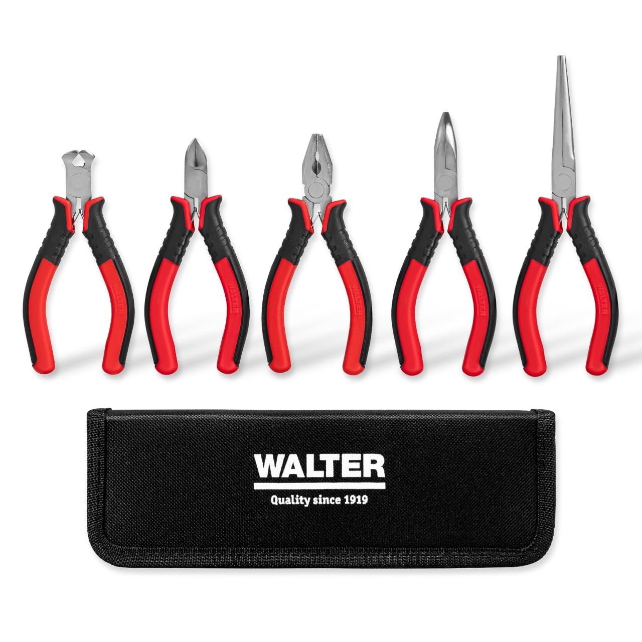 WALTER Mini-Zangen-Set 5-tlg., präzise und vielseitige Anwendung, inkl. Nylontasche, Kombizange, Spitzzange, Linemanzange, Seitenschneider, Vorschneider