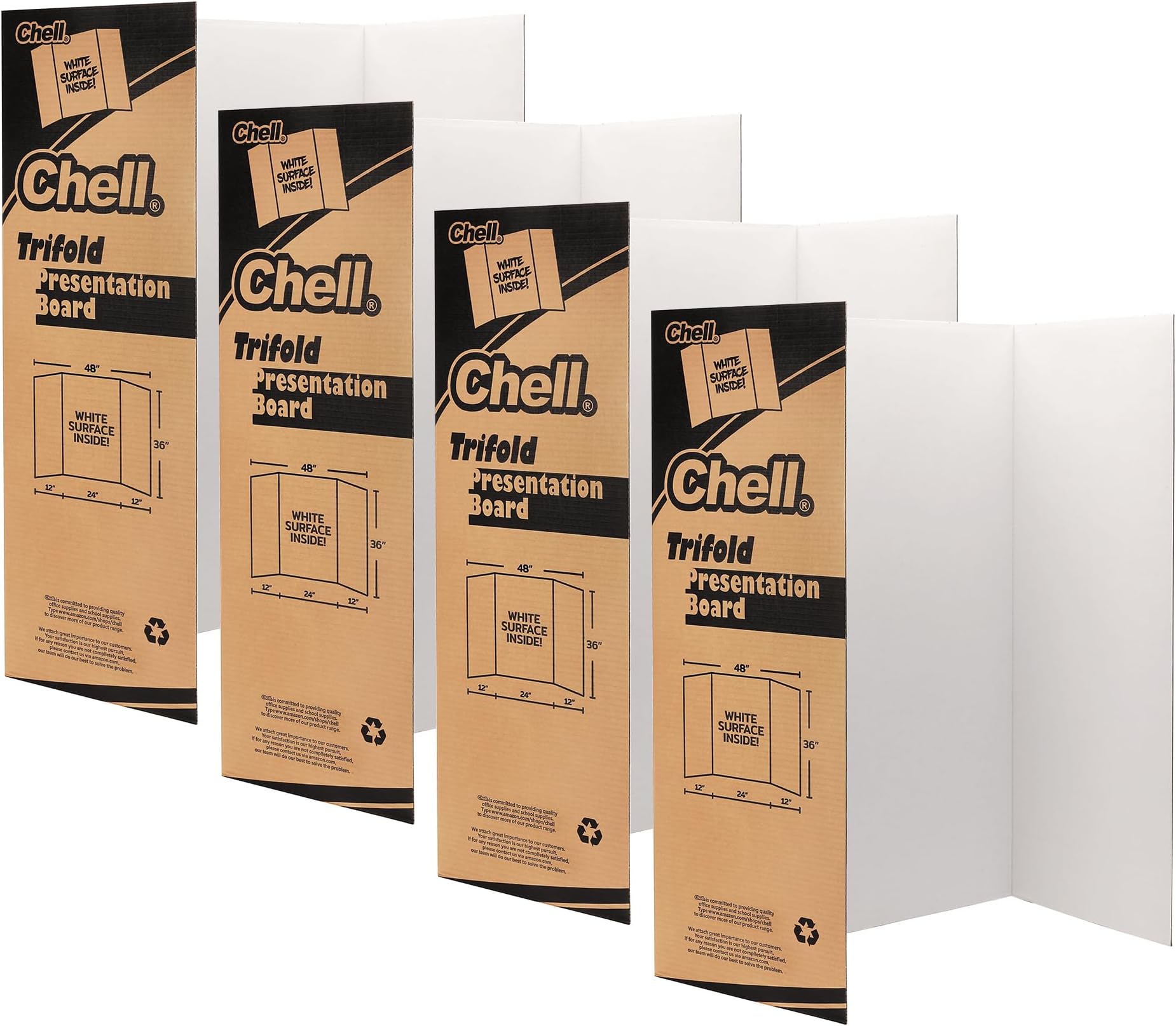 chell 4 Pack Trifold Poster Board, 36" x 48", White Corrugated Project Boards for Science Fair, School Projects, Event Displays and Business Presentations