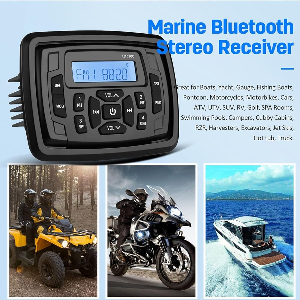 Breeshy Radio Estéreo Marina para, Resistente Al Agua, con Bluetooth, FM, Am, Reproductor de Audio Digital para, Cuatriciclos, UTV, Carritos y Motocicletas