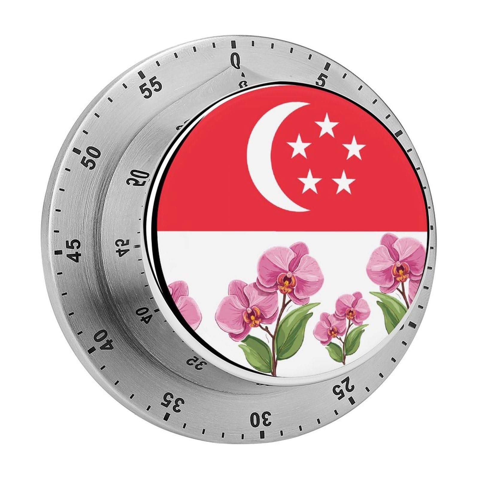 Singapore Flag Vanda Orchid Singaporeans Mechanical Timer with Alarm for Kitchen Cooking Productivity Stainless Steel Timers
