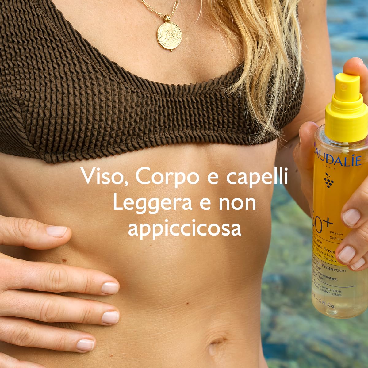 Caudalie Acqua Solare ad Altissima Protezione SPF50+ – CollagenSkinProtect™, Filtri Solari Organici, Viso Corpo e Capelli, Resistente all'Acqua, Vegano, PA++++, 150 mL