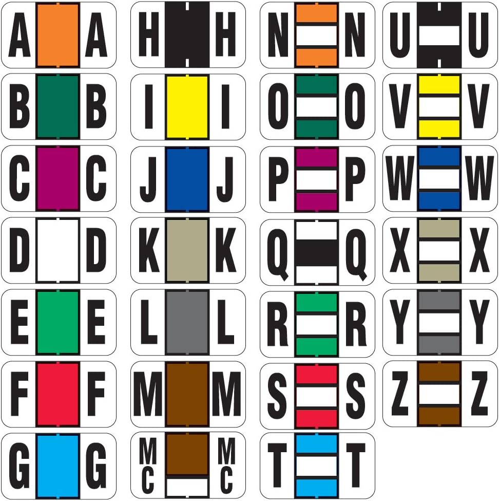 69703038 7100 Color Code Permanent Alpha Label, 1-5/8" Length, 15/16" Width, Assorted Colors, Pack of 6075