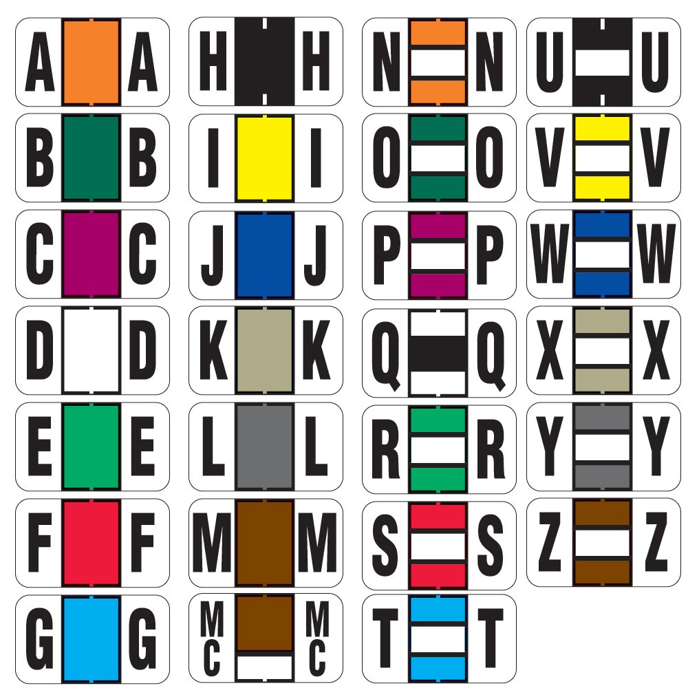 69703038 7100 Color Code Permanent Alpha Label, 1-5/8" Length, 15/16" Width, Assorted Colors, Pack of 6075