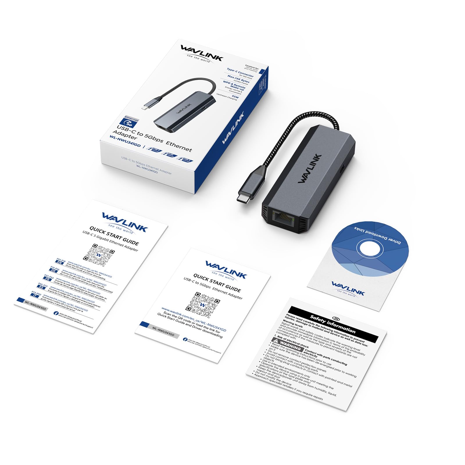 WAVLINK Adaptador Ethernet USB C de 5 Gbps con suministro de energía de 95 W, 5G/2.5G/1G/100M/10M, compatible con Thunderbolt 5/4/3 y USB 4, aluminio, para MacBook Pro/Air M4/M3/M2/M1, iPad Pro