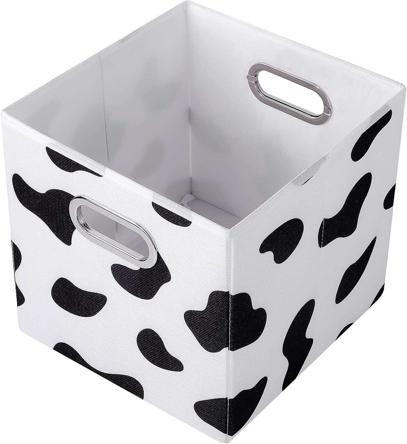 ANMINY 4PCS Cow Print Storage Cubes, 11 Inch Cute Storage Box Baskets with Handles Washable Foldable Cotton Linen Fabric Small Storage Bins for Desktop Closet Shelf Organizer Container Home Office