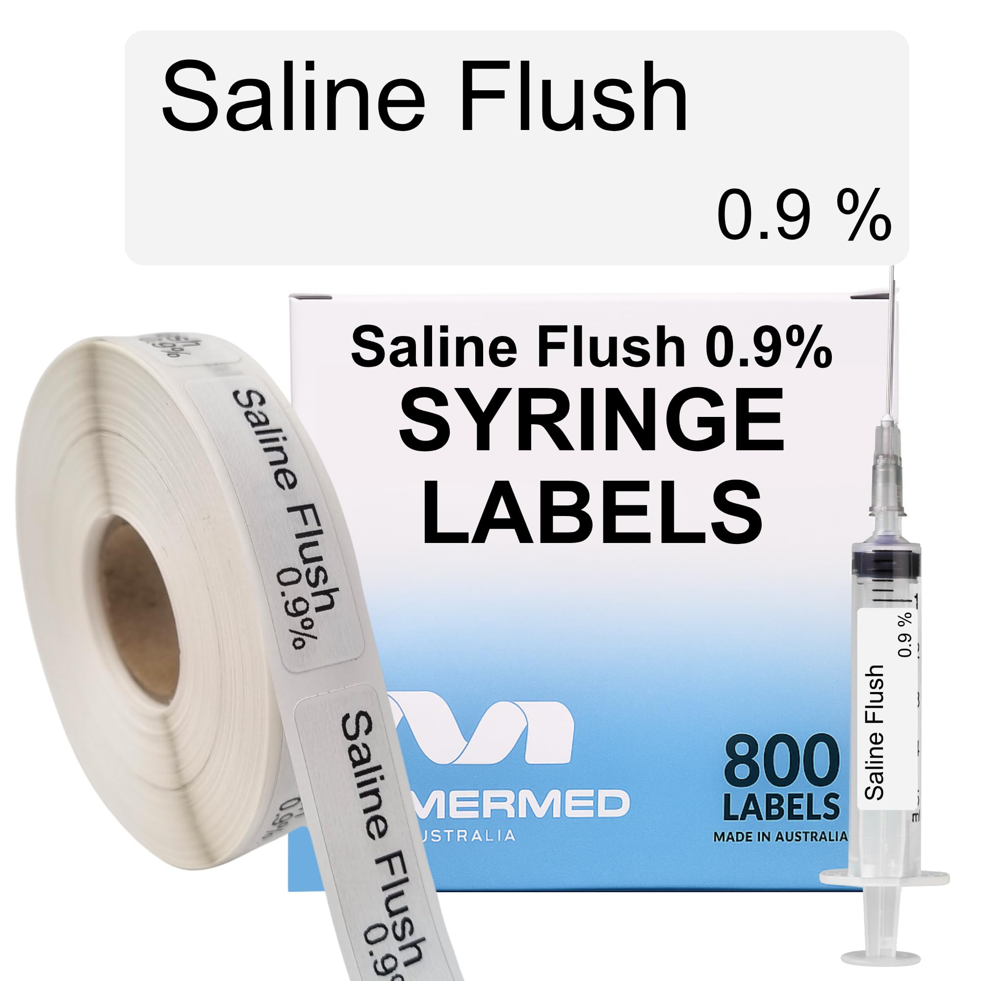 Saline Flush 0.9% Syringe Labels - Box of 800 Labels on Roll (1" core). 12mm x 40mm (Approx 0.5" x 1.5"). Latex-Free Permanent Adhesive. Printed in Australia by Specialist Medical Printer — image 1