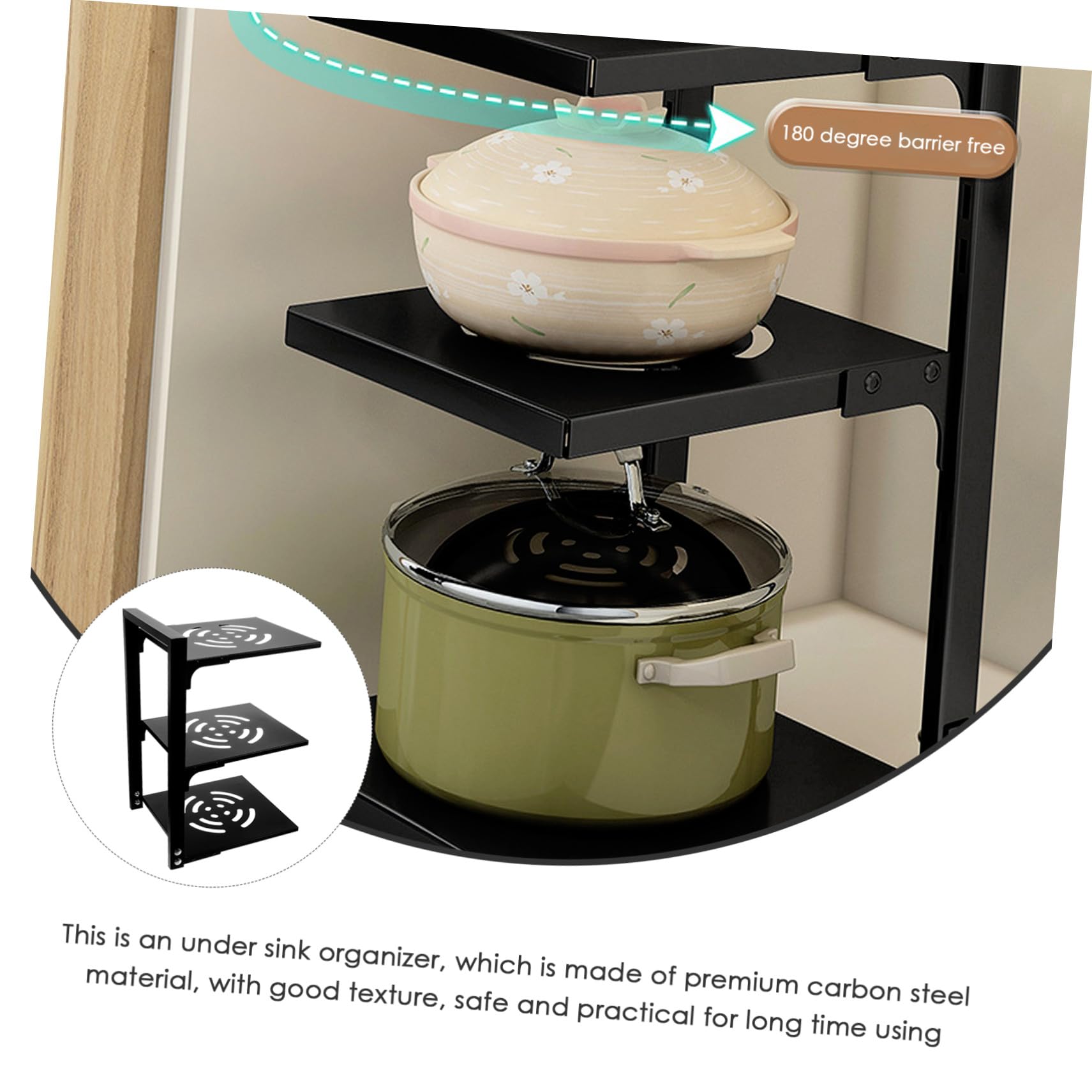 VALICLUD Organizer per Cucina Nero per Acciaio al Carbonio a 3 Livelli in Acciaio al Carbonio Portapentole Regolabile Spaziatura Adattabile, per Armadietti e Sotto Lavello