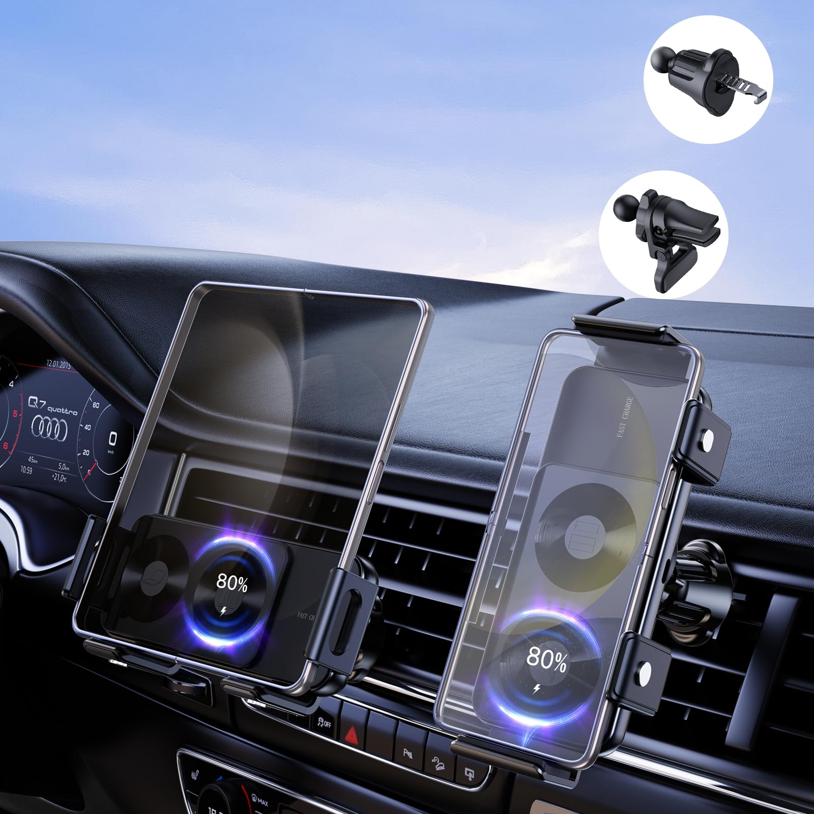 xuenair Wireless Car Charger Samsung Z Fold 5 4 3 2 Z Flip 5 4 iPhone Google Pixel 8 Pro [Auto Clamping & Auto Rotating Sensors] 7.5W-15W Fast Charging Z Fold 5 Car Mount Wireless Charger