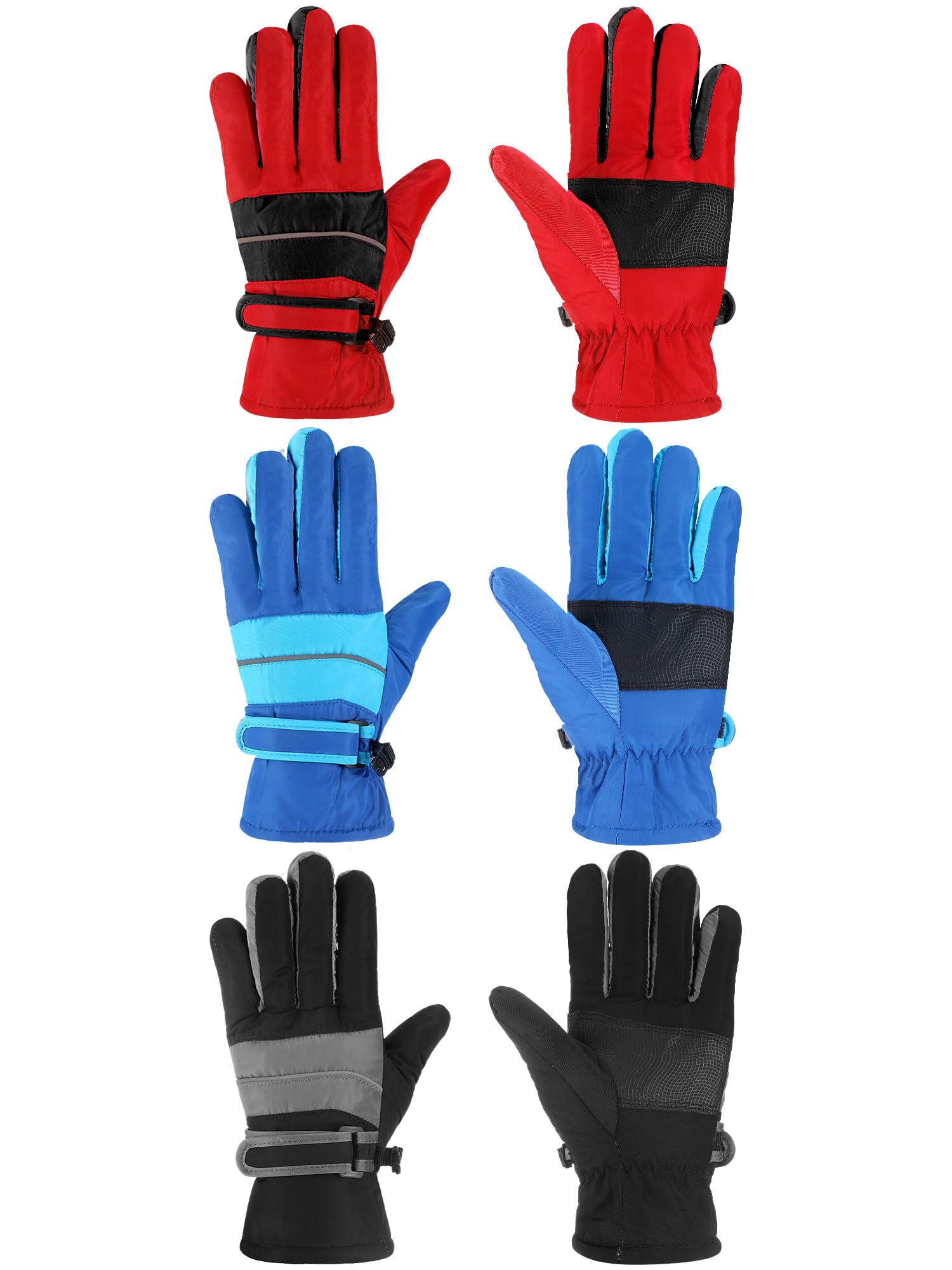Geyoga 3 Paia Guanti da Sci Impermeabili Manopole Invernali Isolati da Snowboard da Bambini (Rosso, Nero, Blu, 8-12 anni)
