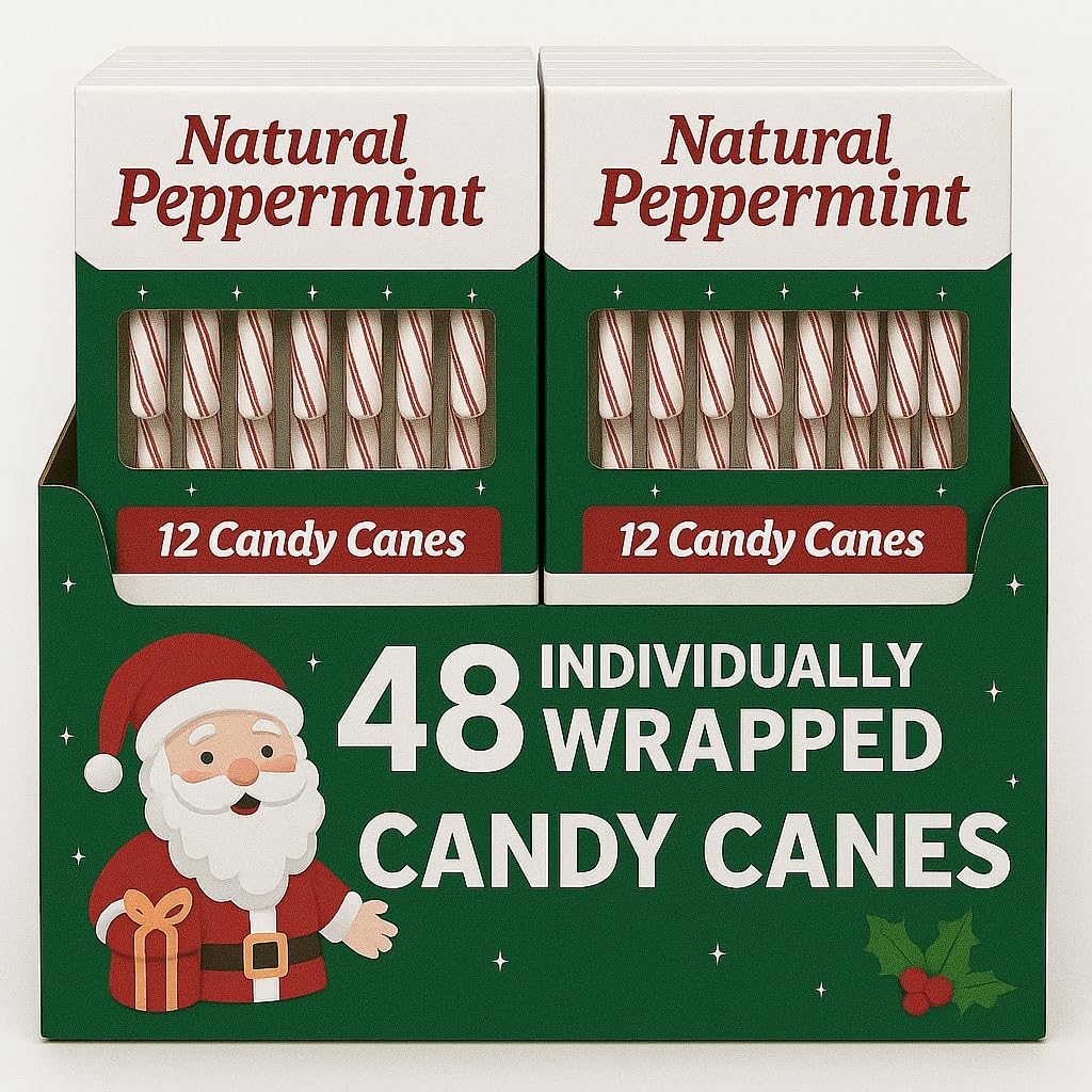 Peppermint Candy Canes, Red and White Striped, Individually Wrapped, Bulk Pack for Christmas Holiday, Stocking Stuffers, (48 Count)