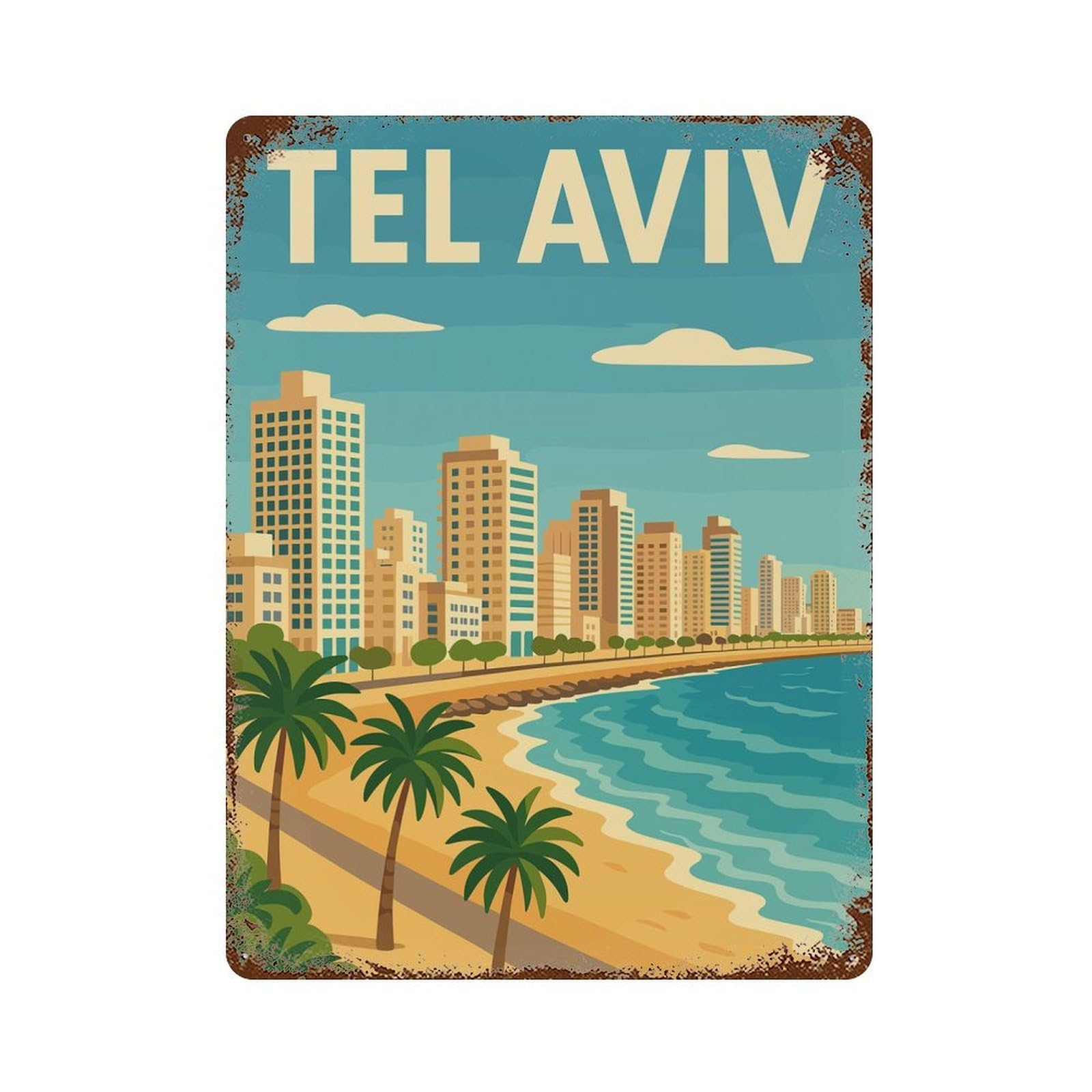 Tel Aviv Cityscape 15.7"x11.8" Weathered Tin Sign, Classic Wall Plaque for Patio, Garden Room And Bar Decor