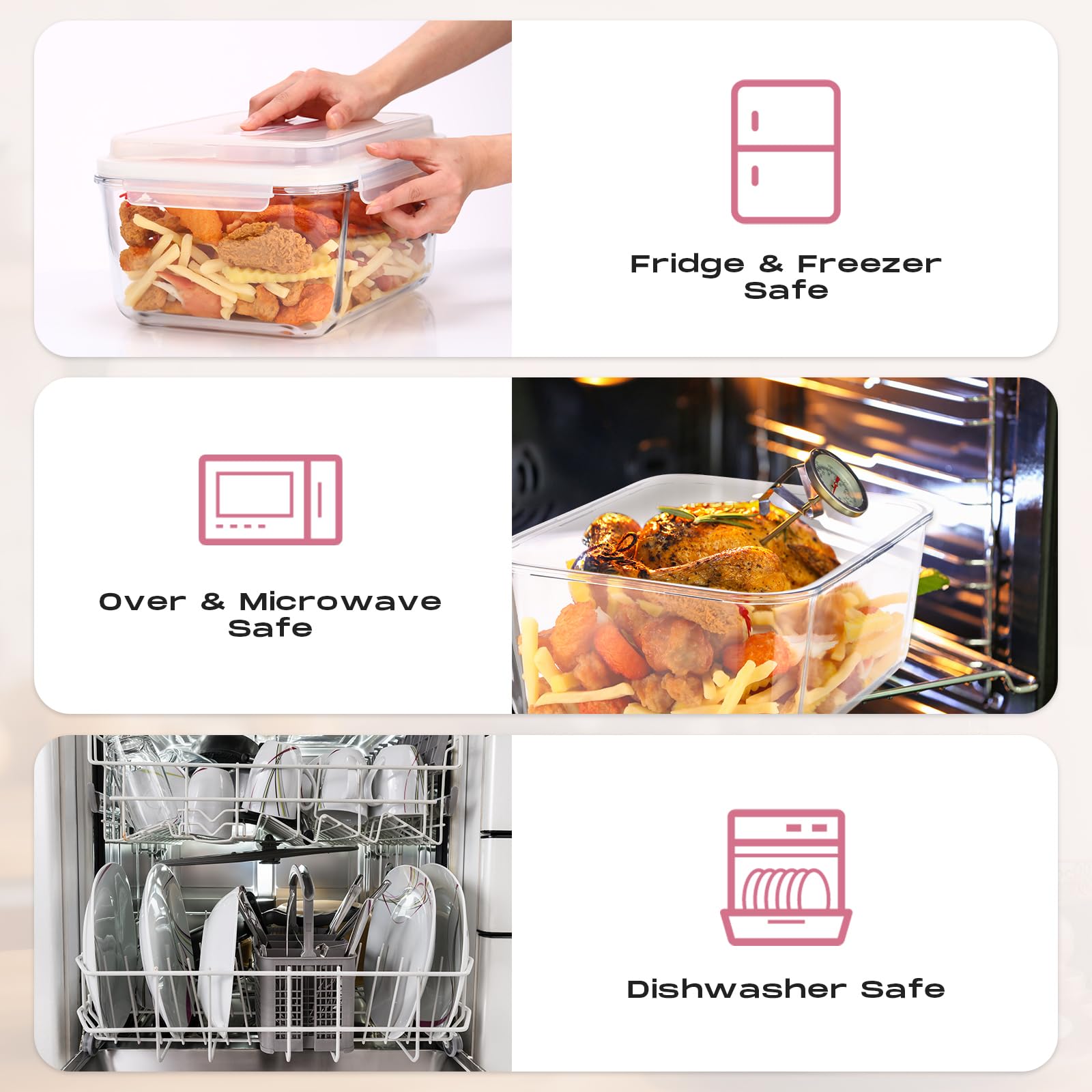 Blushtier 2 recipientes grandes de vidrio para almacenamiento de alimentos con tapa de bloqueo hermético, ideal para almacenar alimentos, verduras, frutas, hornear, lasaña, pavo, transparente