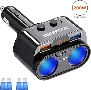 SUPERONE 200W 2-Socket Cigarette Lighter Splitter Power Adapter, USB C Car Charger with 18W Power Delivery 3.0 & Quick Charge 3.0 for iPhone 11/11 Pro/X/8/7, Samsung, Google Pixel and More, UL Listed - coolthings.us