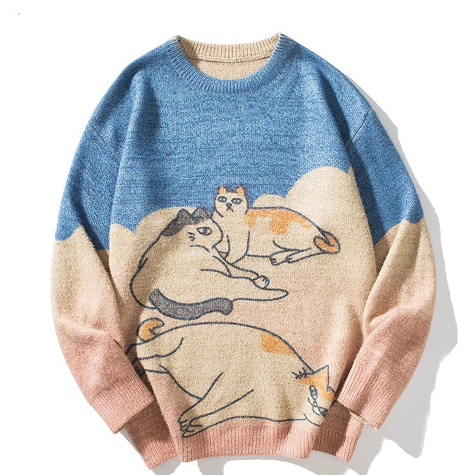 Men Shirts, Men's colorblock sweater men's pullover round neck kitten jacquard bottoming shirt-image-44