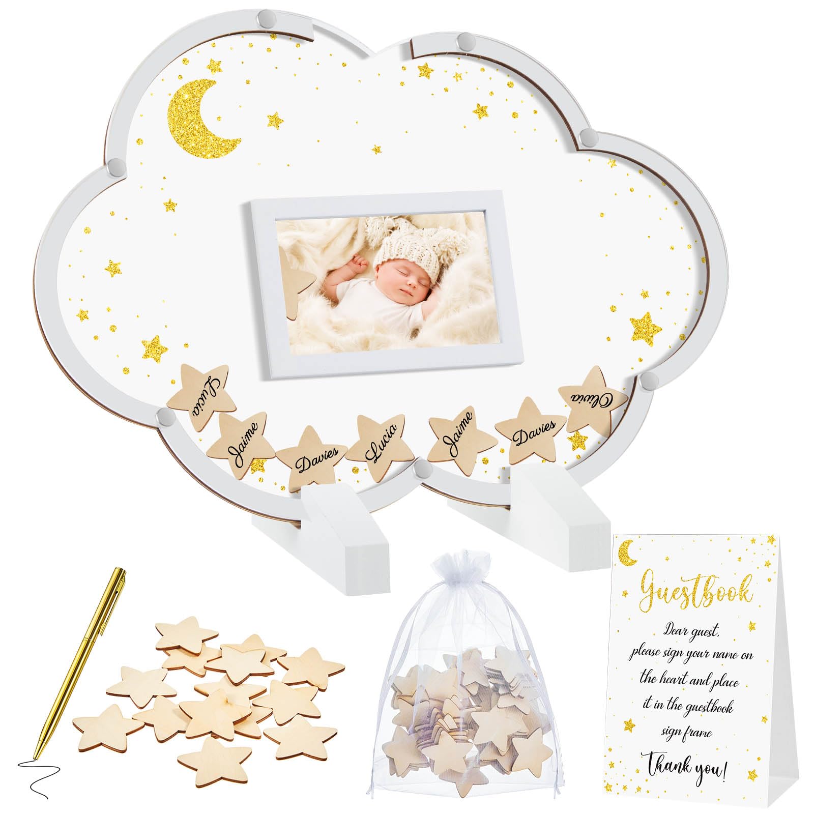 Baby Shower Guest Book Alternatives Baby Shower Decorations with Wooden Bear Hearts Stars for 60 Guests Baby Shower Sign Picture Frame Pregnancy Keepsake for Soon to Be Moms(Cloud)