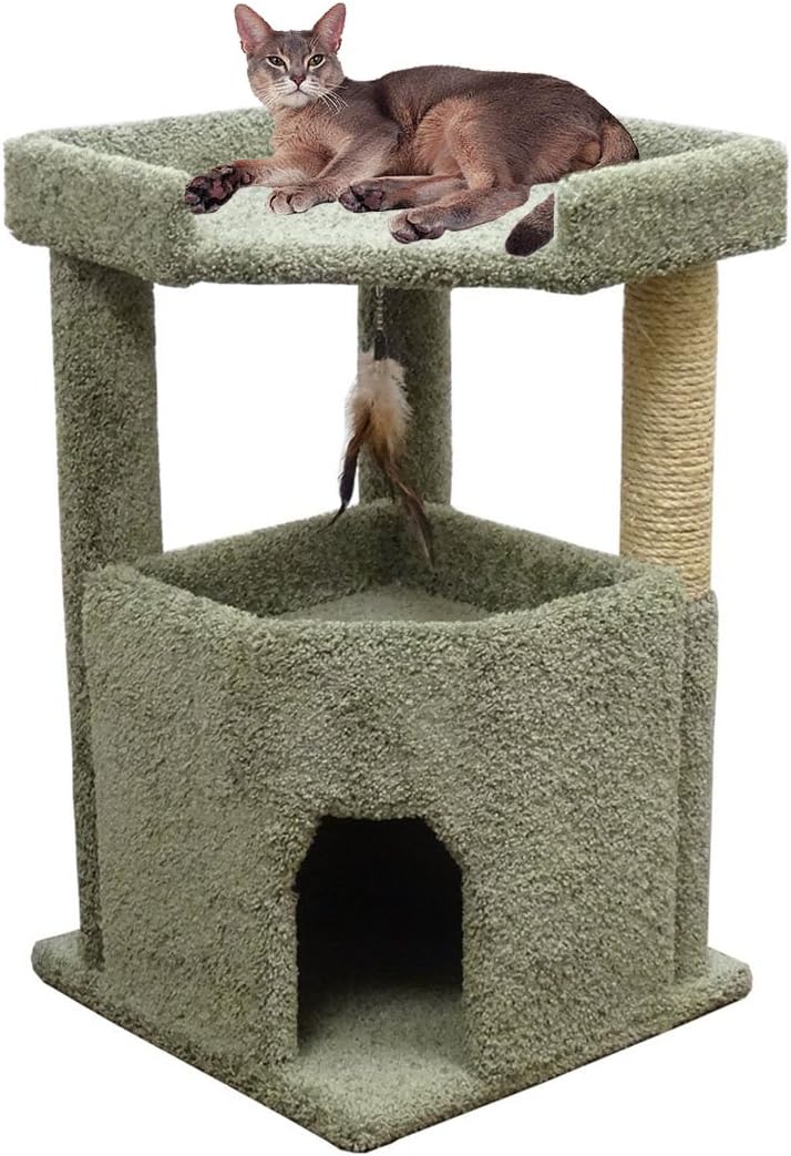 CozyCatFurniture 33 inches Cat Condo One Story for Big Cats with Large Bed and Sisal Scratching Post, Made in USA in Green Carpet