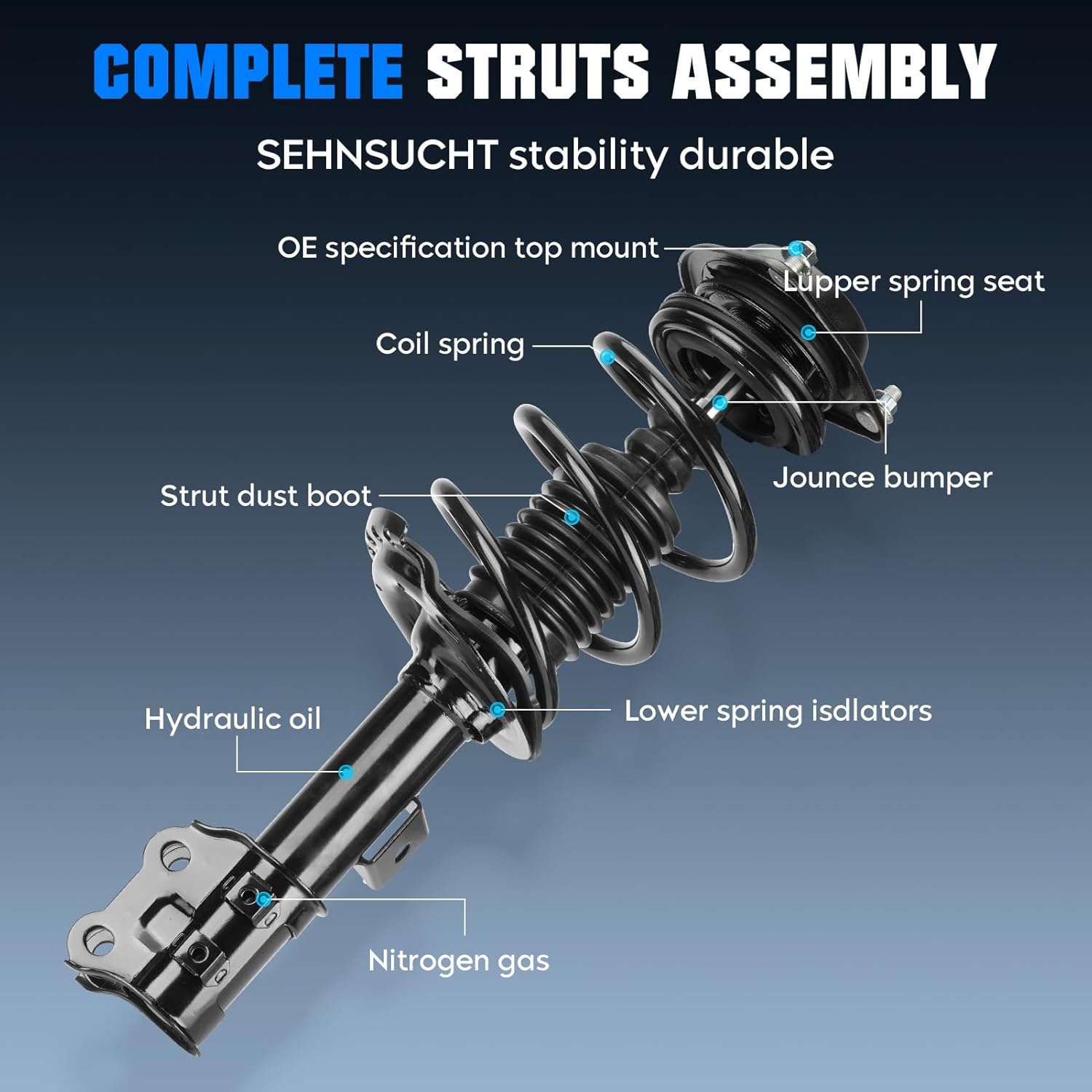 Front w/Coil Strut Shock Absorber for Hyundai Elantra 2011-2016 Sedan, Spring Struts Replaces for 172708 172709