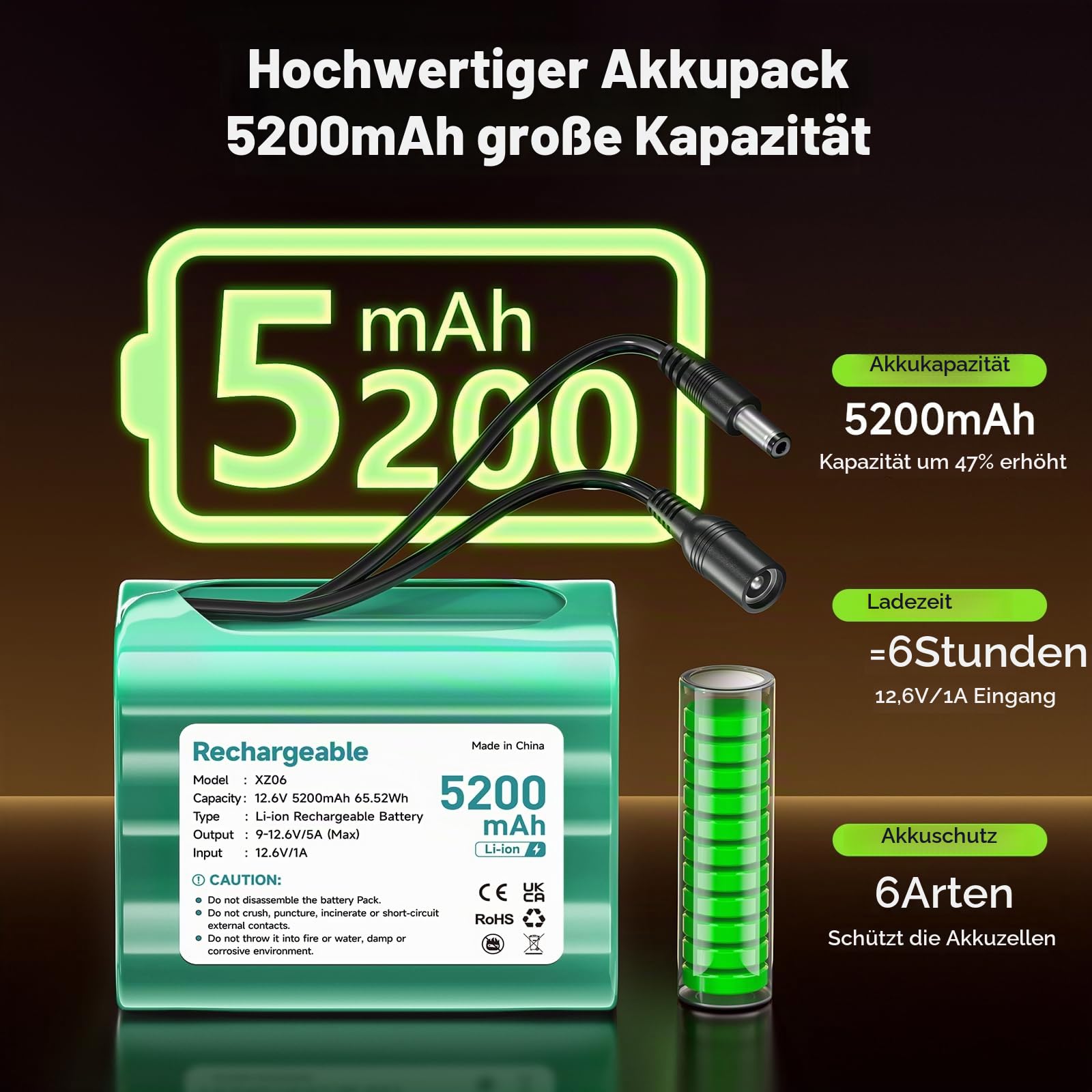 12.6V Lithium Ionen Akku 5200mAh, Klein 12V Akku mit ladegerät & Steckeradapter & Verbindungslinie für Solar Panel, Soundboks, DAB Radio, Fahrrad Beleuchtung, Scheinwerfer Rücklicht, Sonar