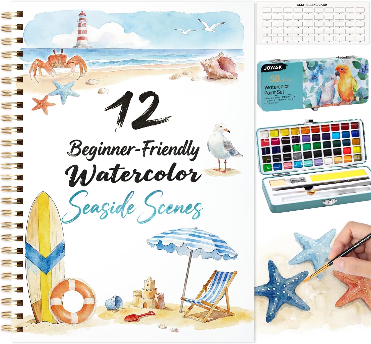 Watercolor Workbook with 12 Seaside Patterns,50 Colors Watercolor Paint Set