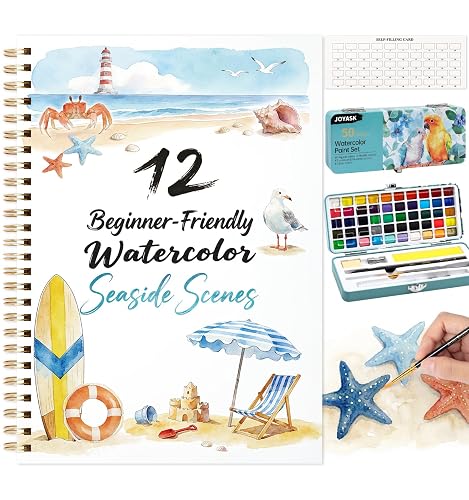 Watercolor Workbook with 12 Seaside Patterns,50 Colors Watercolor Paint Set