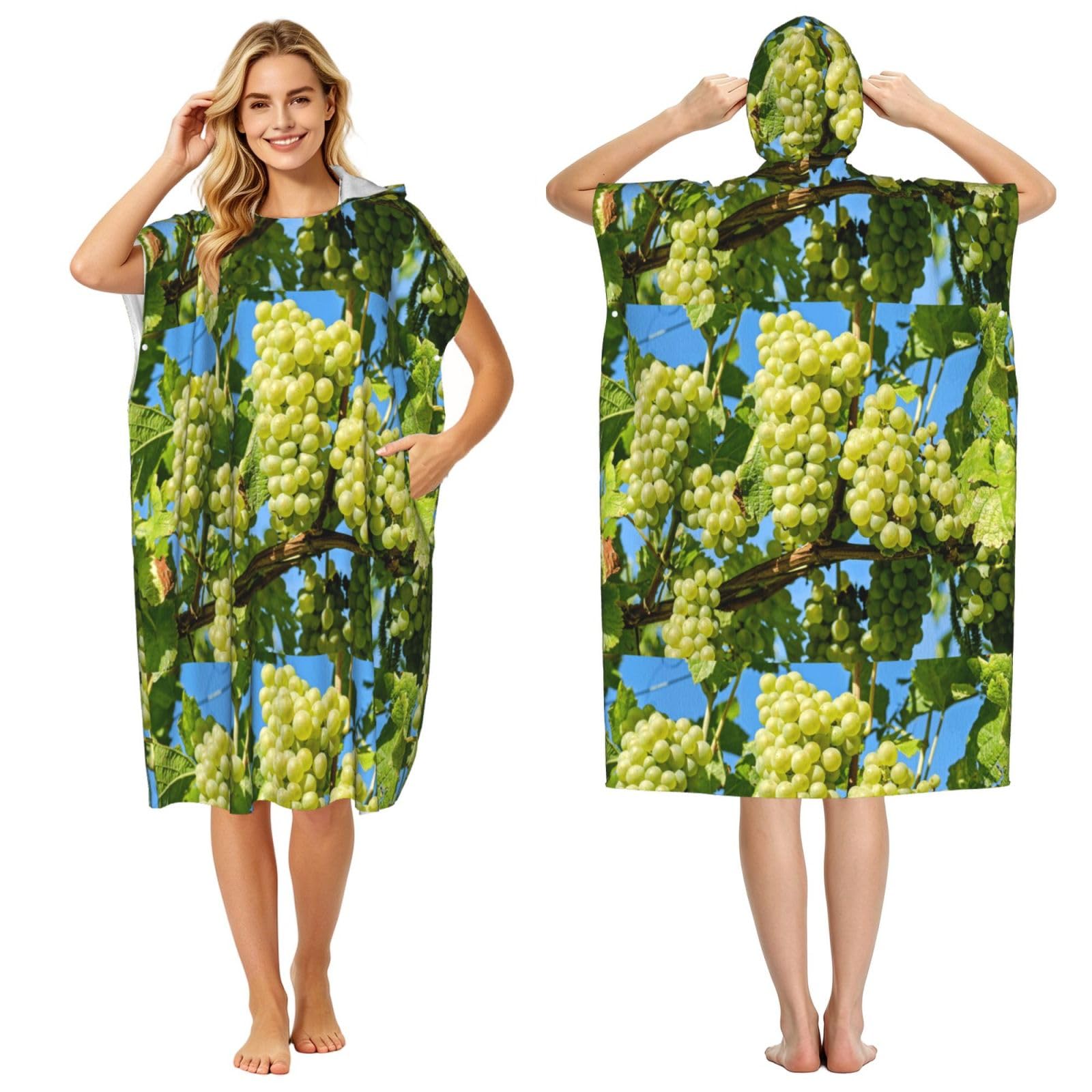 Poadnly Grapes Fruit Vine Grapevine Winegrowing, Adult Hooded Beach Towel 90 x 110 cm,Changing Bath Robe, Surf Poncho Towel For Women Men