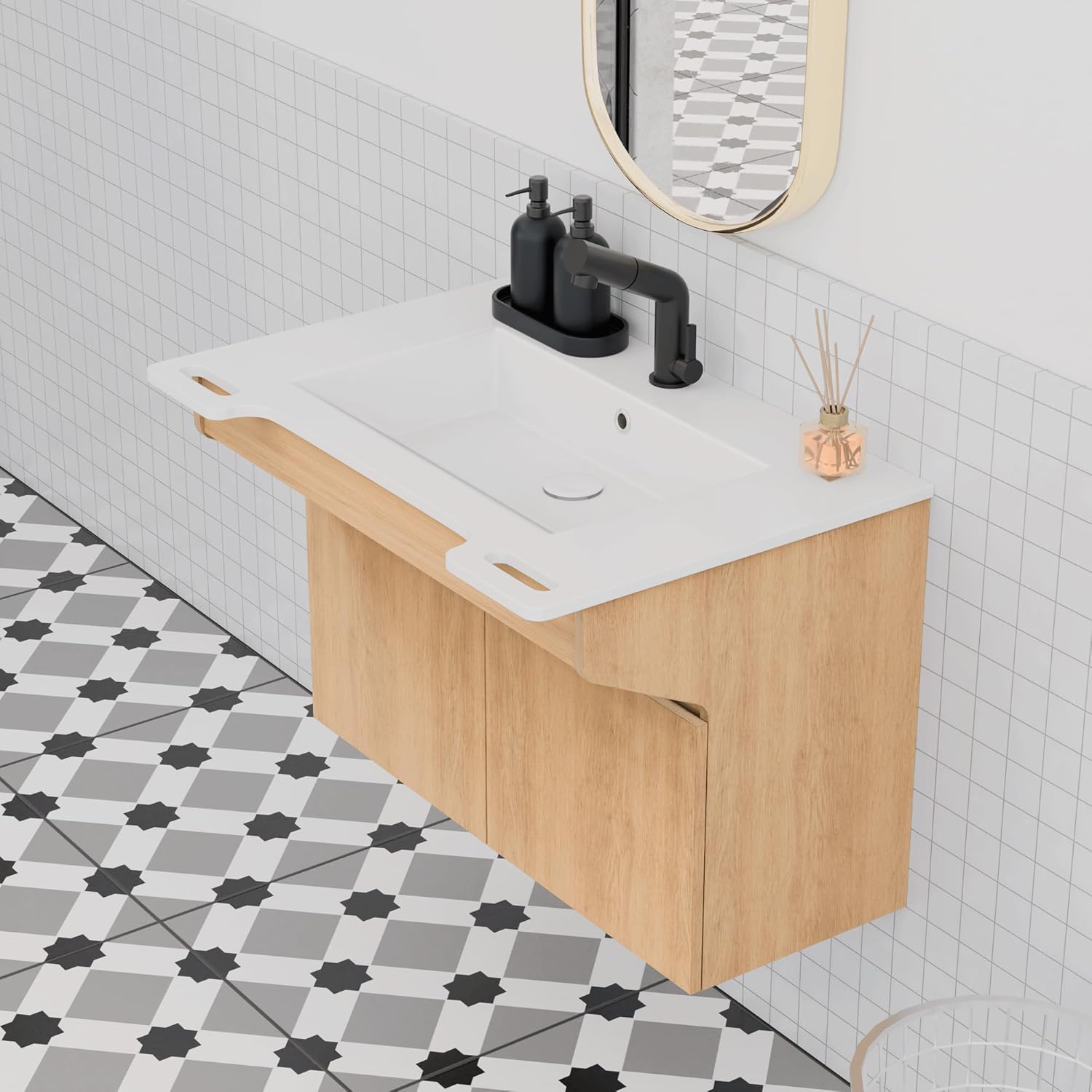 GESIPOR Bathroom Vanity Sink Ada Compliant with Engineered Wood Cabinet Wall-Mount Stone Resin Floating Vanity Modern Hand Support for Elderly, Seniors, Handicap & Disabled