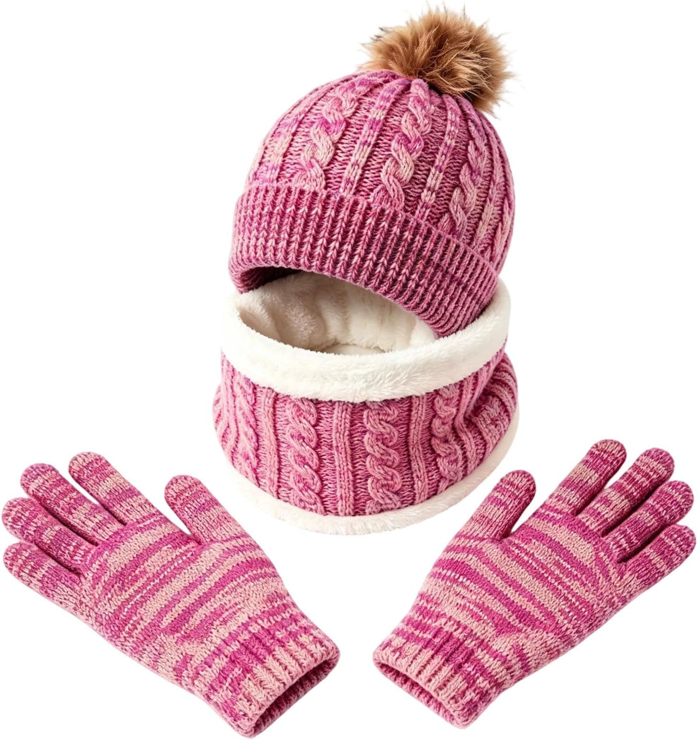 Girls Winter Knit Hat Neck Warmer Hand Warmers 3 Piece Set
