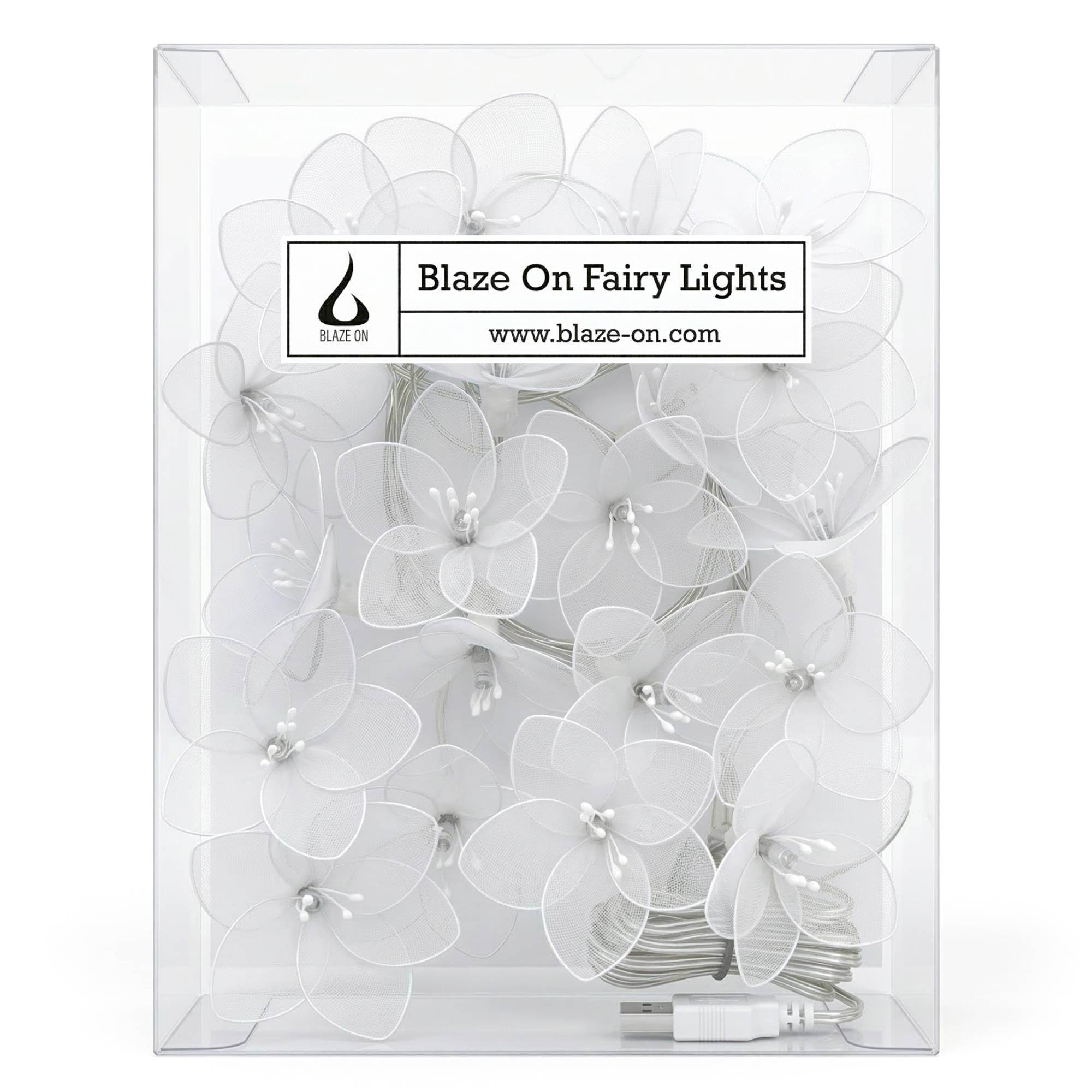 Blaze On Daisy Flower Fairy Lights (White Coloured) – 20 Warm White LED Lights – Handcrafted Sheer Fabric Daisies – USB Powered (Plug Not Included) – Indoor Decorative String Lights