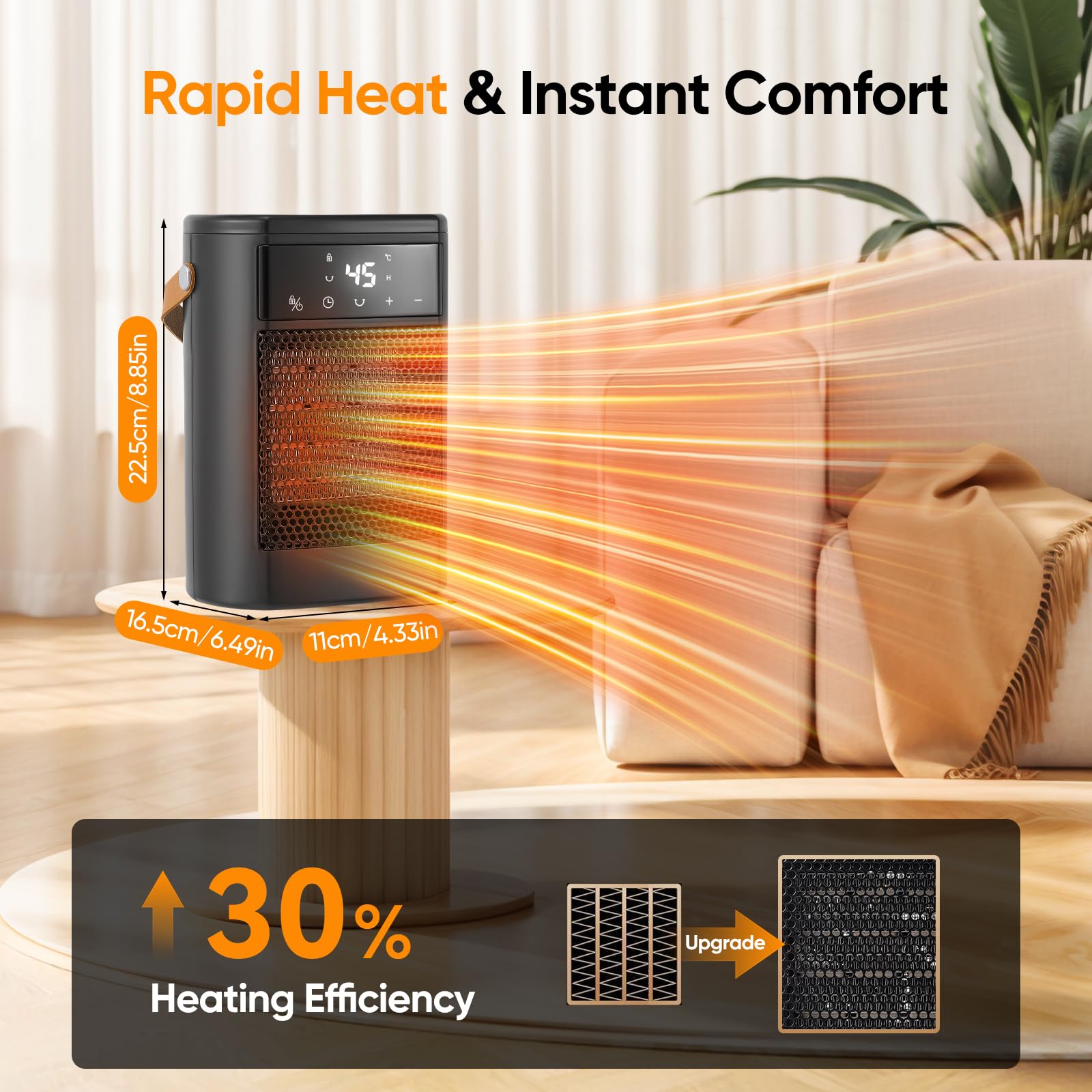 Chauffage d'appoint, 1500W PTC, 3 Modes Chauffants, Protection Anti-Surchauffe et Chute, Oscillant à 70° ECO Radiateur Electrique, Portable et Silencieux pour Maison, Bureau