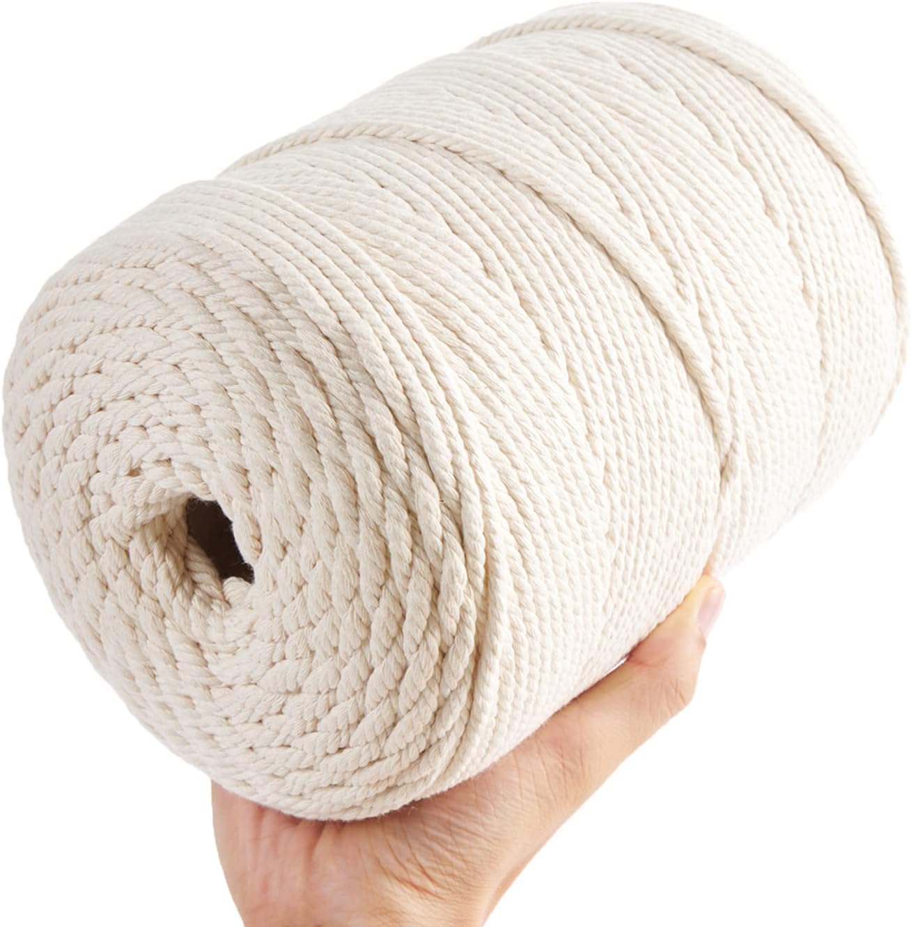 Macrame Cord 5mm x 328Yards, Natural Cotton Macrame Rope - 4 Strands Twisted Macrame Cotton Cord for Wall Hanging, Plant Hangers, Crafts, Gift Wrapping and Wedding Decorations(5mmX300m)