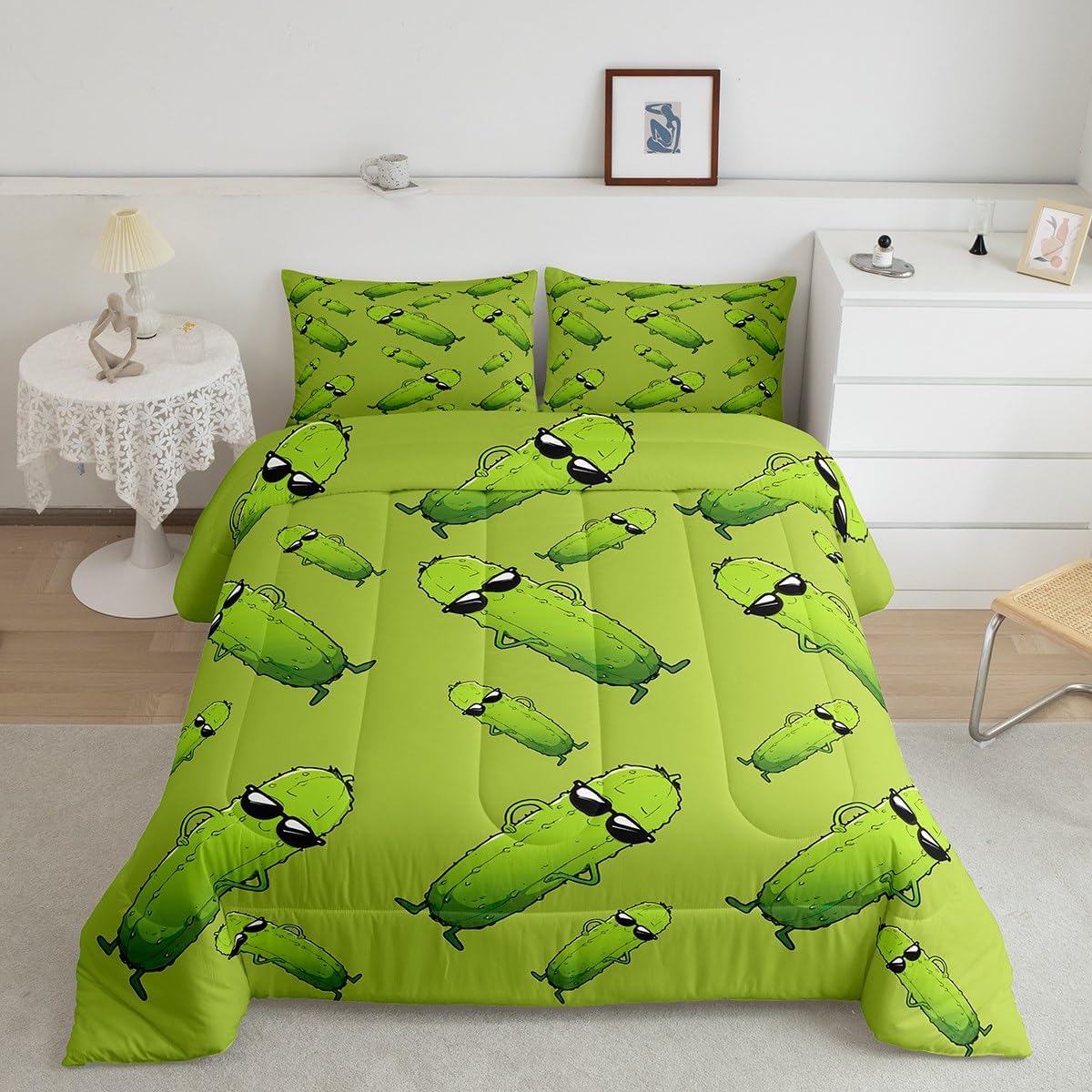 Feelyou Kids Pickles Comforter Set Twin Size Cute Pickles Bedding Set for Boys Teens Decor Cucumber Print Comforter Green Vegetable Duvet Set Bedroom Quilt Set 2Pcs