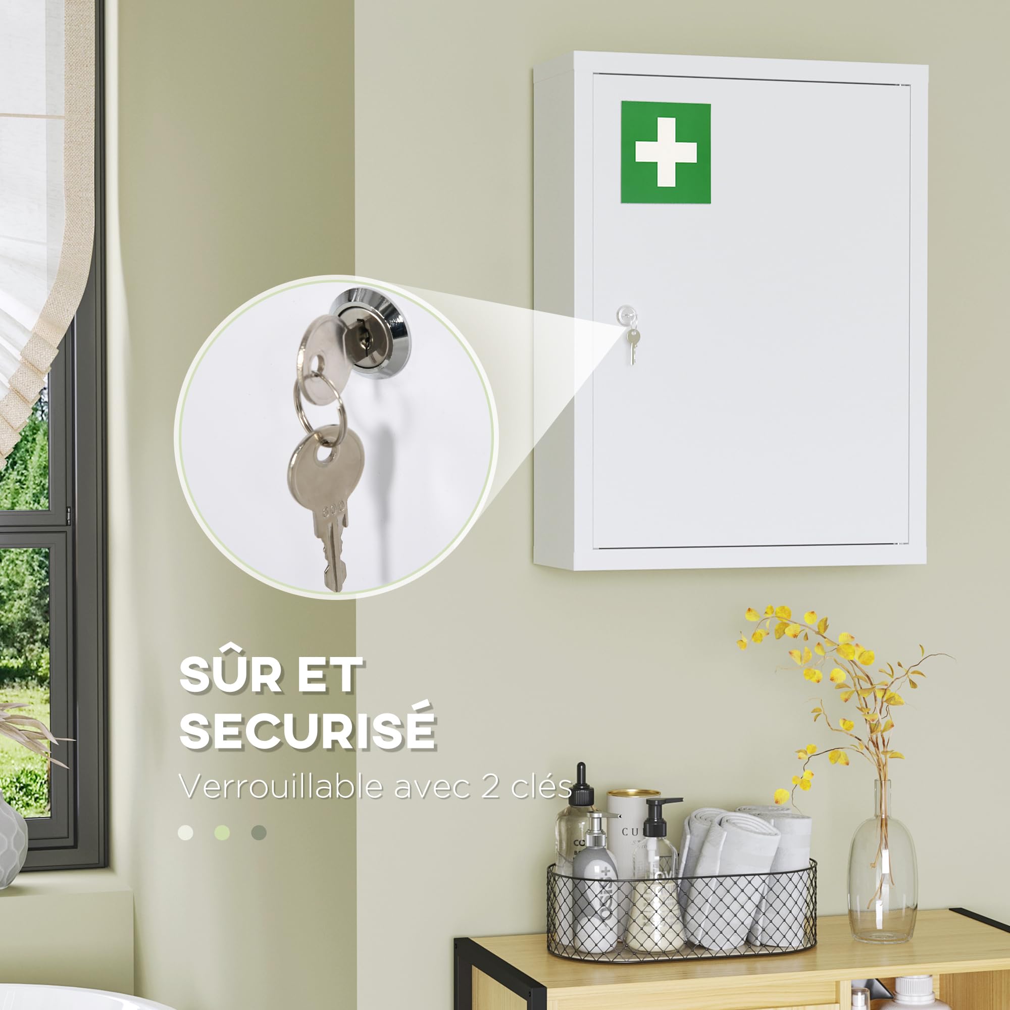 kleankin Armoire à Pharmacie Murale en Acier, Armoire à médicaments Murale à 3 Niveaux avec Porte verrouillable 2 clés, Meuble de Salle de Bain, Couloir, Salon, 40 x 15 x 53,5 cm, Blanc