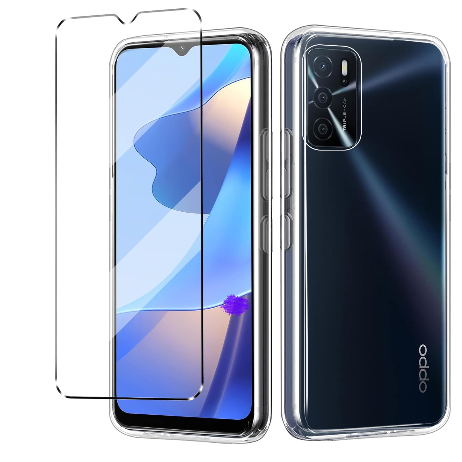 Cover Compatible with OPPO A16 / A16S Case with 1 Pack Tempered Glass Screen Protector Phone Case for OPPO A16 / A16S,Soft TPU Slim Fit Shockproof Anti-Scratch Phone Cover-Clear