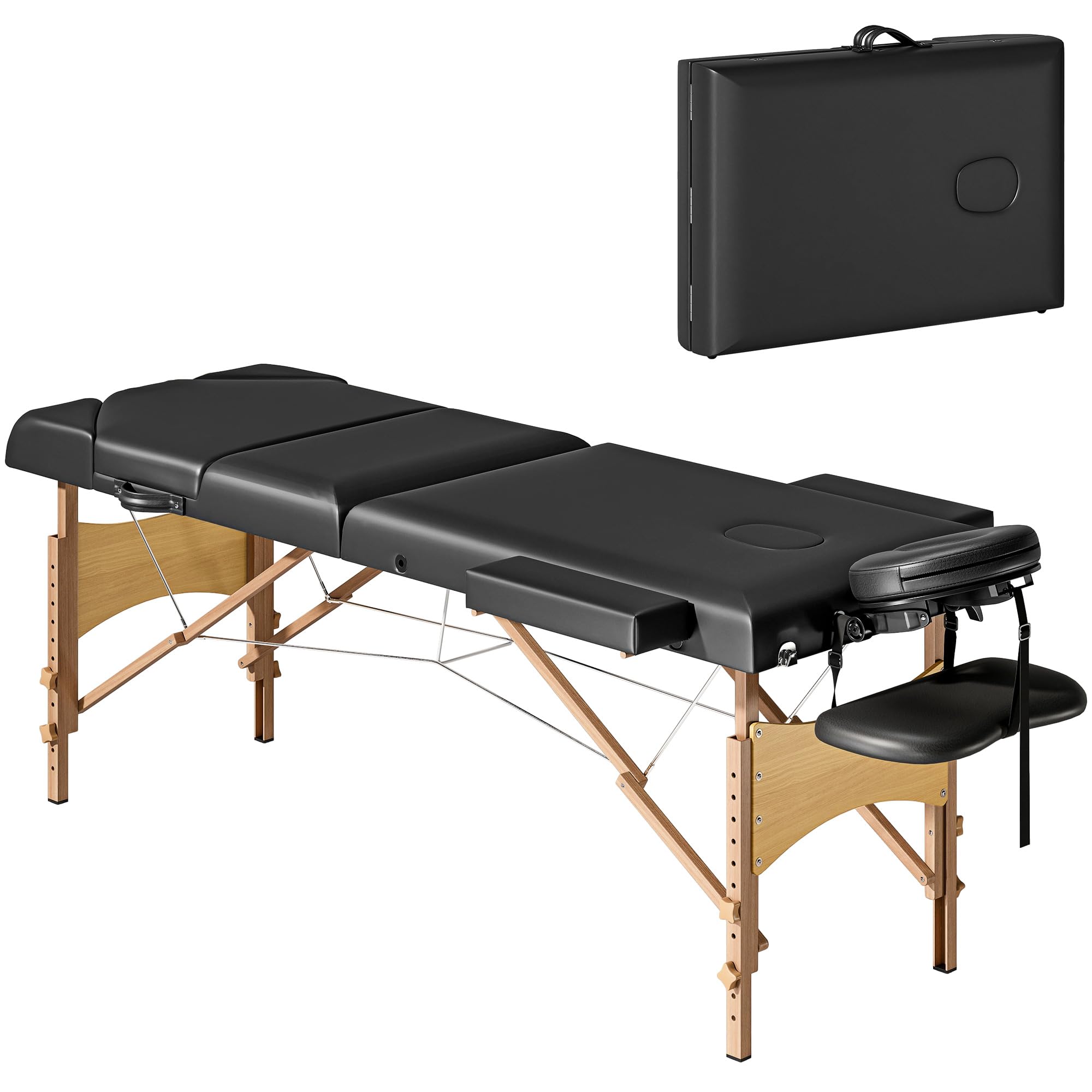 HOMCOM Camilla Masaje Plegable Portátil Camilla Estética Profesional de Madera de 3 Zonas con Altura Ajustable Reposacabezas Reposabrazos Acolchados para SPA Pestañas Tatuajes 215x60x62-89 cm Negro