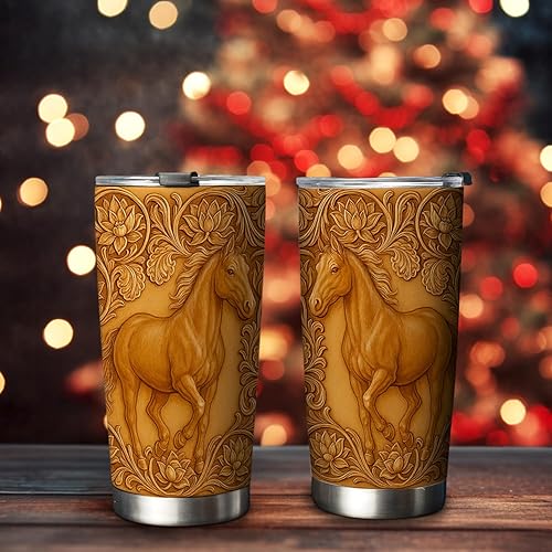Miniatura 2 de 64HYDRO Vaso de madera con diseño de caballo de flores de 20 onzas, regalos ecuestres para amantes de los caballos, vaso de café para mujeres,