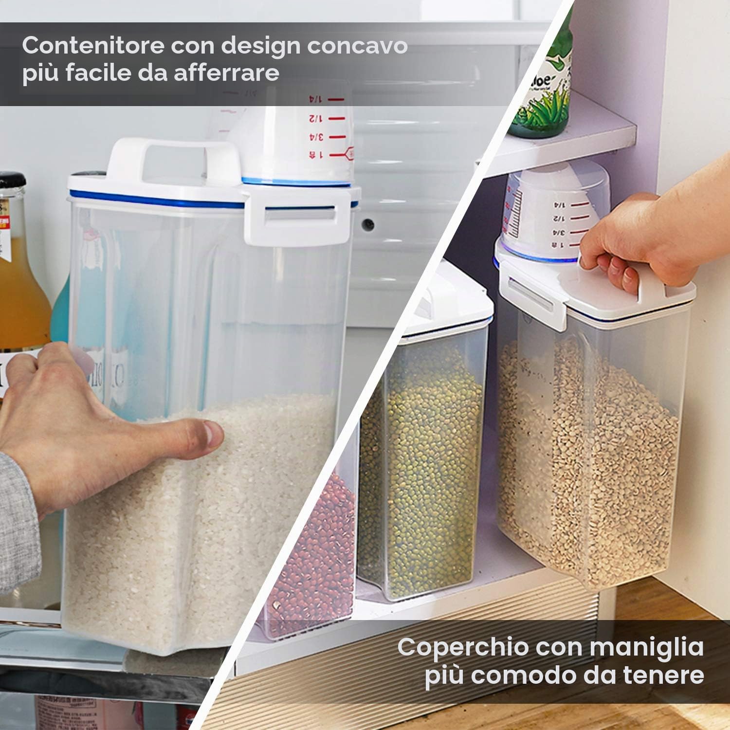 Contenitore per alimenti da 2 l, piccolo contenitore portatile per riso con misurino, in plastica senza BPA, con beccuccio per versare, per fagioli, farina, cibo per animali domestici