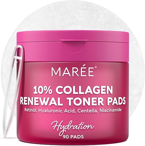 MAREE Collagen Acne Clearing Polishes - Toner Pads with Retinol - Minimizing Wrinkle Zero Pore Pads - Hydrating Toning Collagen Pad with Retinol & Centella Device - Anti Aging Brightening Wipes