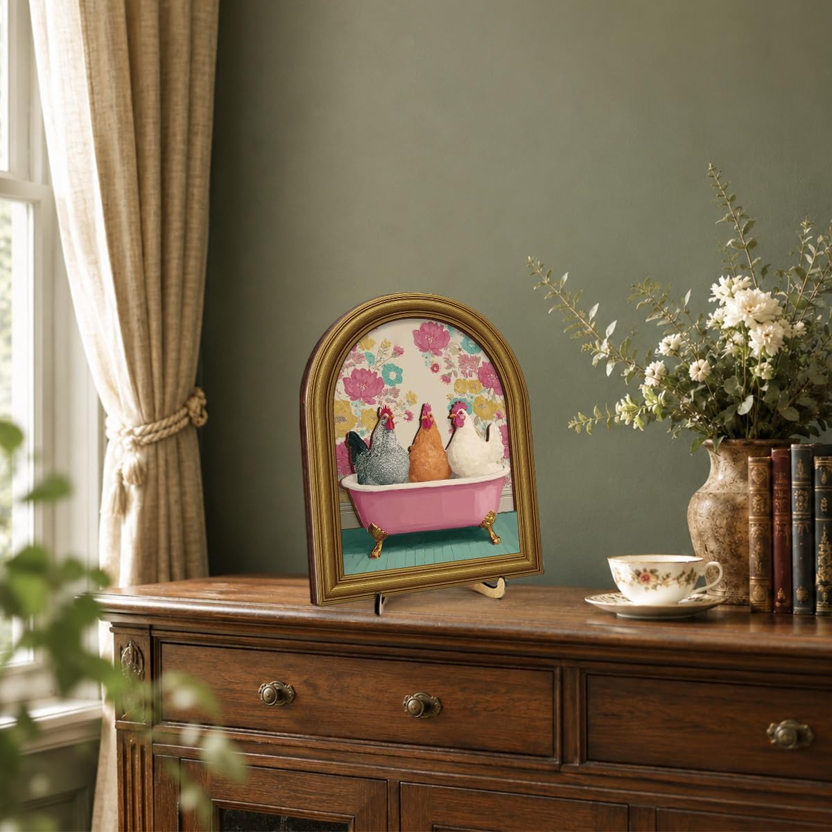 3D Funny Chicken Bathroom Decor Sign, Cute Floral Chickens Bathtub Framed Bathroom Wall Art Sign for Home Washroom Restroom Bedroom Wall Shelf Toilet Tank Decor 8x10 Inch image 4
