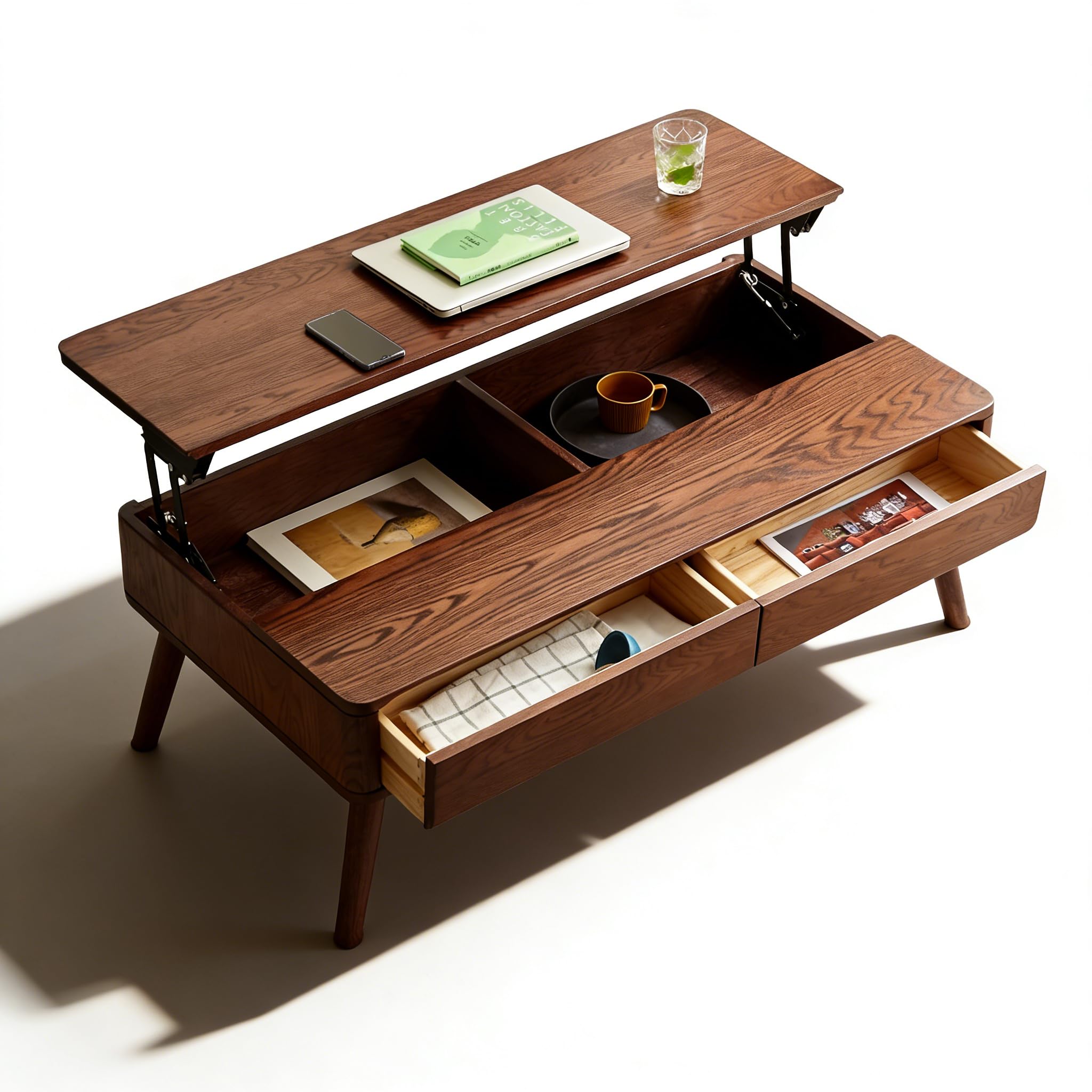 Wood Lift Top Coffee Table 100 Solid Oak Wood Small Rising Dining Center Tables with Storage Shelf and