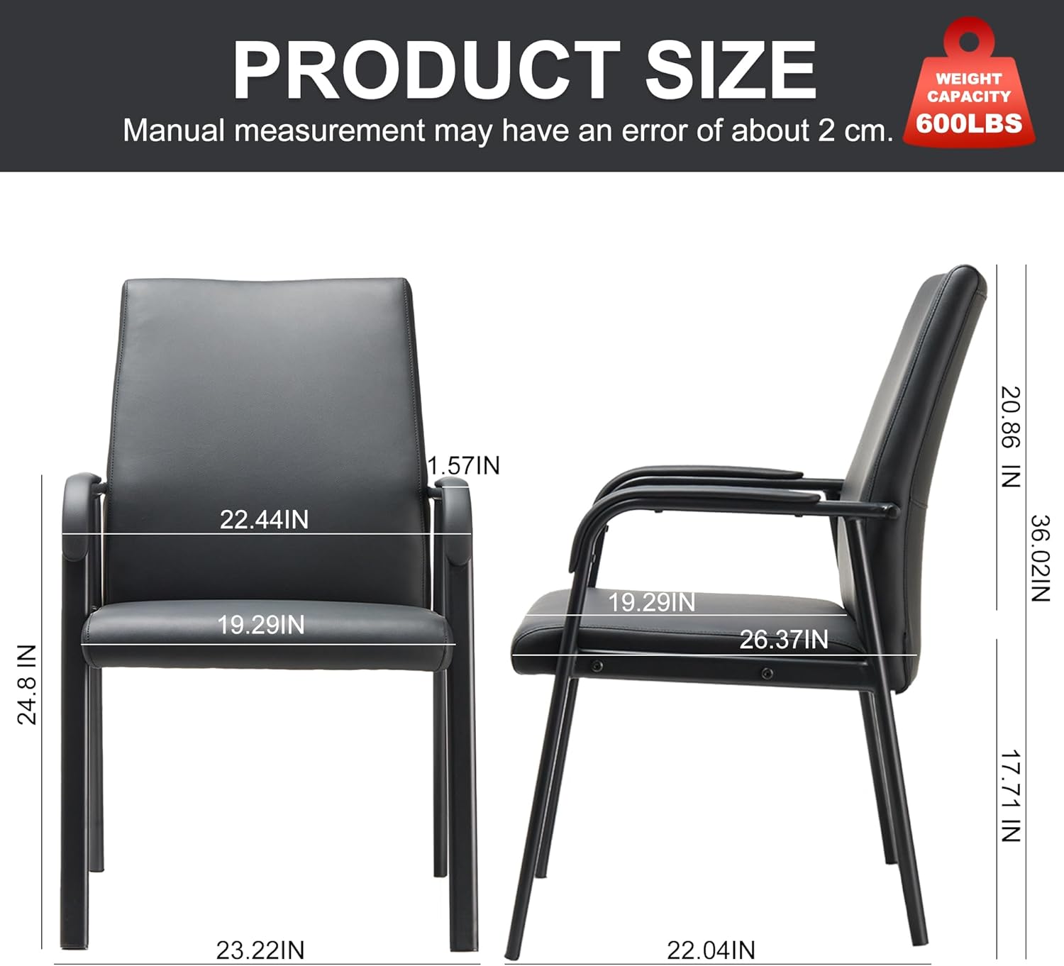 Office Guest Reception Chair 600 lbs Capacity Leather Conference Room Chairs with Padded Armrests No Wheels Desk Chair Black