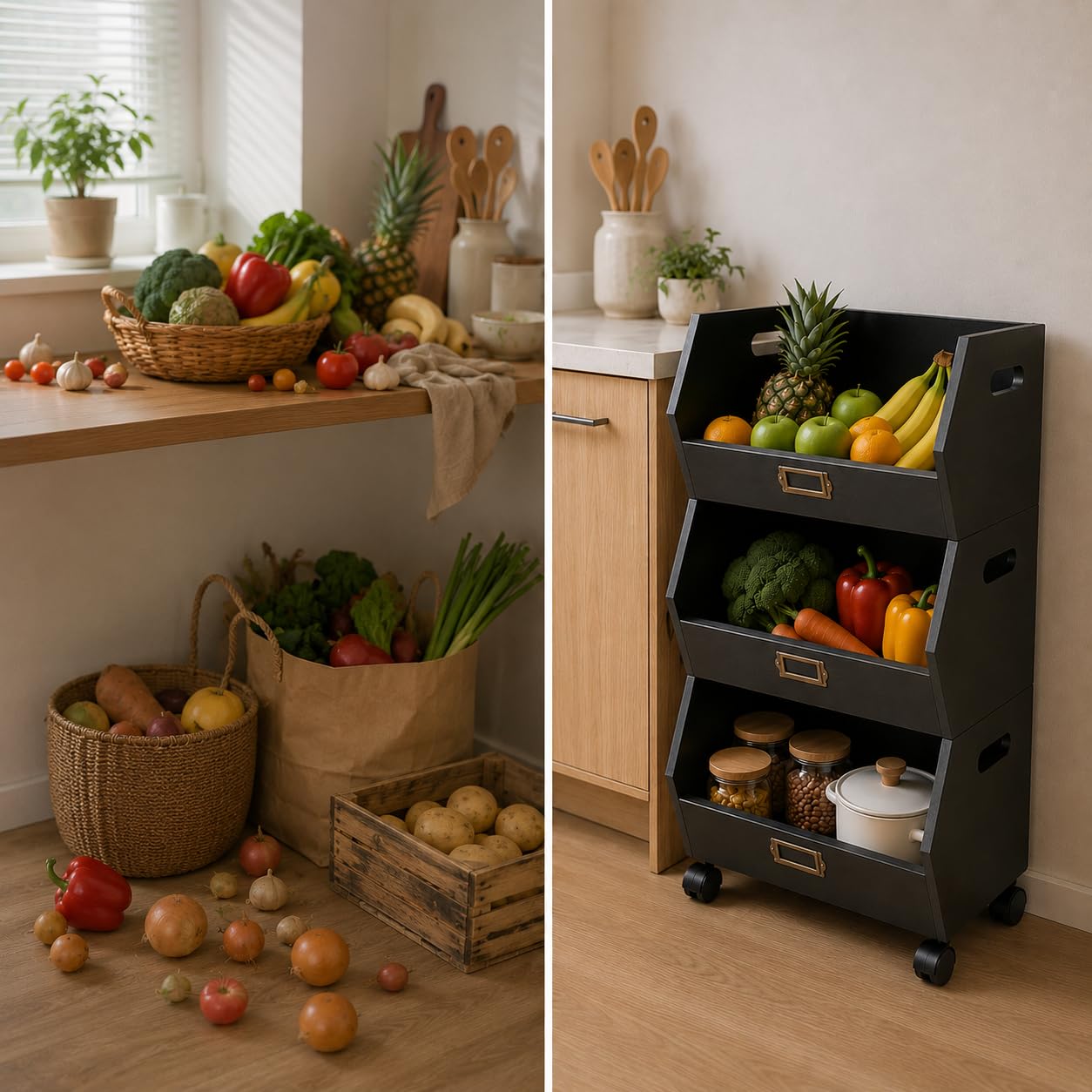 XZ-23007 Organizador Extraibles con Ruedas 3 Niveles Multiuso 32x28x60cm - Cajas de Almacenaje de Madera para Organizar Libros, Documentos, Frutas, Verduras Color Negro