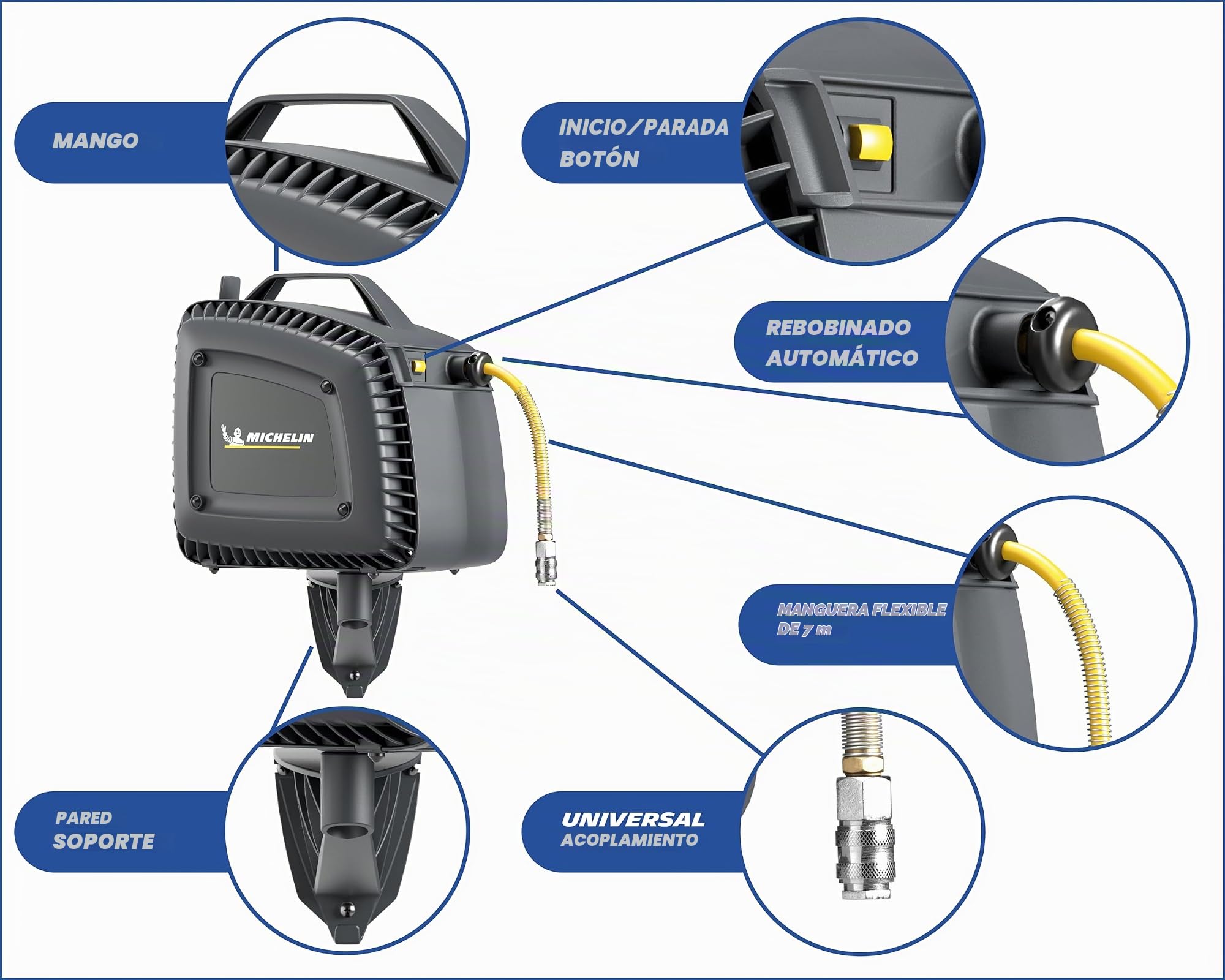 Compresor de aire MBL-GO COMPACT, Compresor de aire sin aceite con manguera flexible, Presión máxima 8 bar, Potencia 1,5 hp, Sin depósito, Nivel sonoro 97 dB (A)