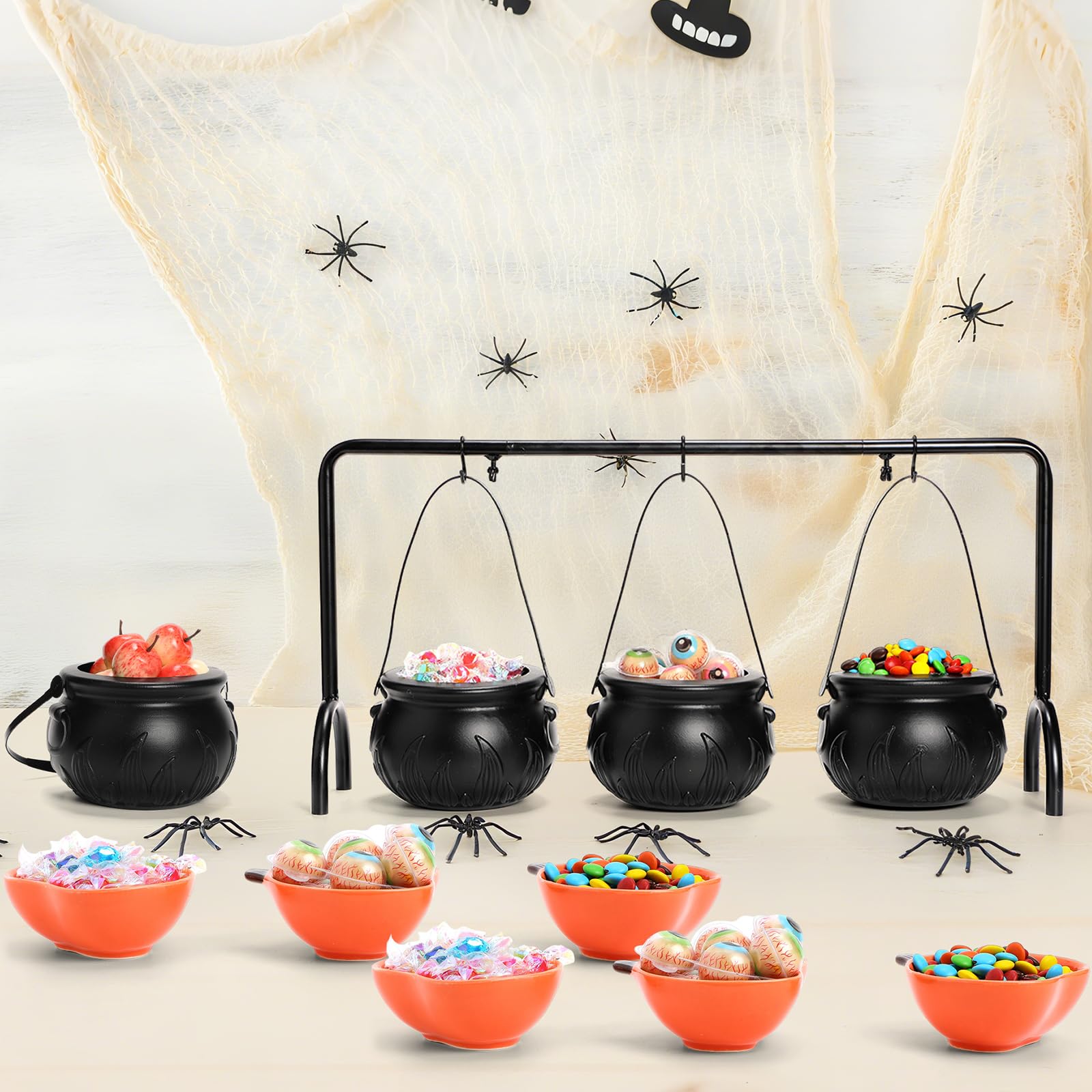 Jingmore 9 Stück Halloween-Party-Dekorationen, 3 Keramik-Hexenkessel, 6 Stück 170 ml Keramik-Schalen, Kürbisförmige Teller für Halloween, Zuhause, Küche, Servieren, Dip-Sauce, Gewürze und Snacks