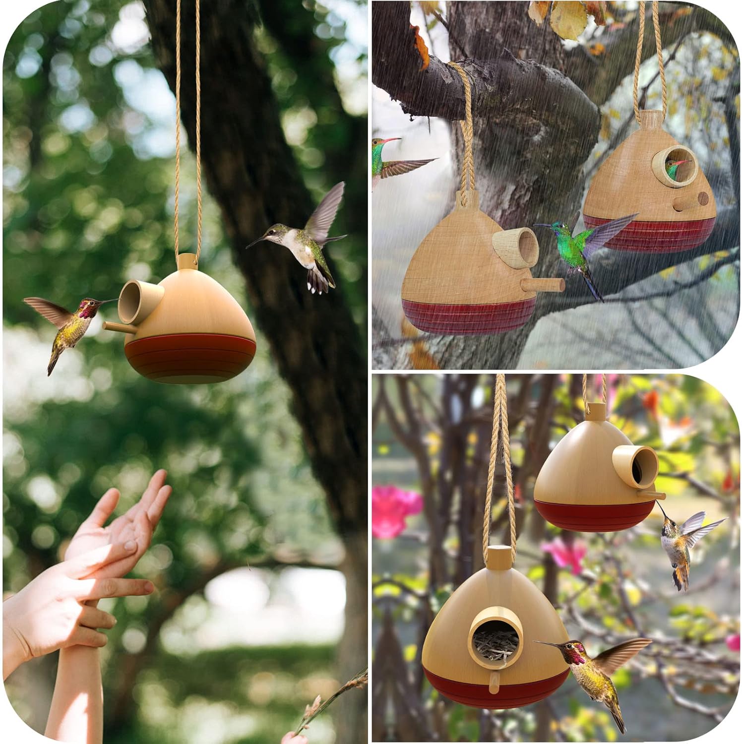 2 Pack Hummingbird House, Wooden Humming Bird Houses for Outside, Hanging Chickadee Nesting for Indoor Outdoor, Courtyard Decoration