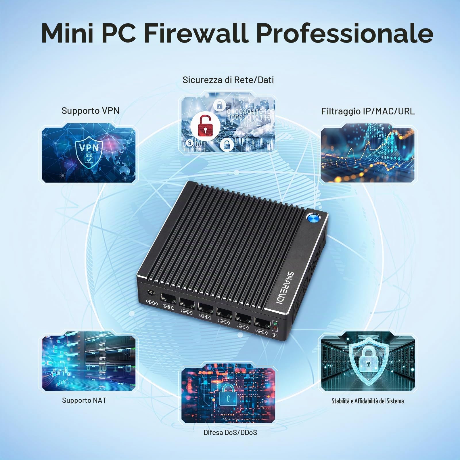 Mini-PC firewall senza ventola con Intel N3710 4C/4T, 6x Intel i226 LAN, router per gateway di rete, testato con PF-Sense/OPN-SENSE,HD/Type-C/SIM/TF/Wi-Fi (8 GB di RAM, SSD da 240 GB)