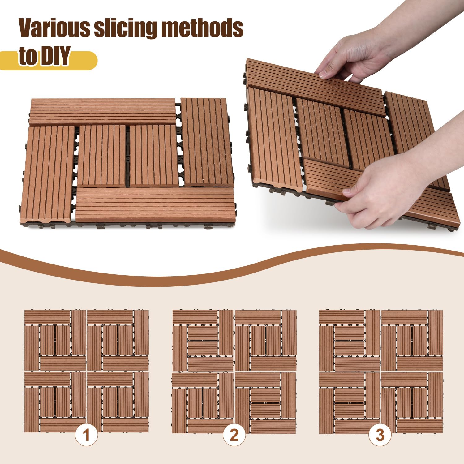 WPC Piastrelle per terrazza, 30x30cm 33 pezzi / 3m² Piastrelle per balcone a incastro con sistema di clic, impermeabili e antiscivolo, Adatti per balcone e giardino, Marrone